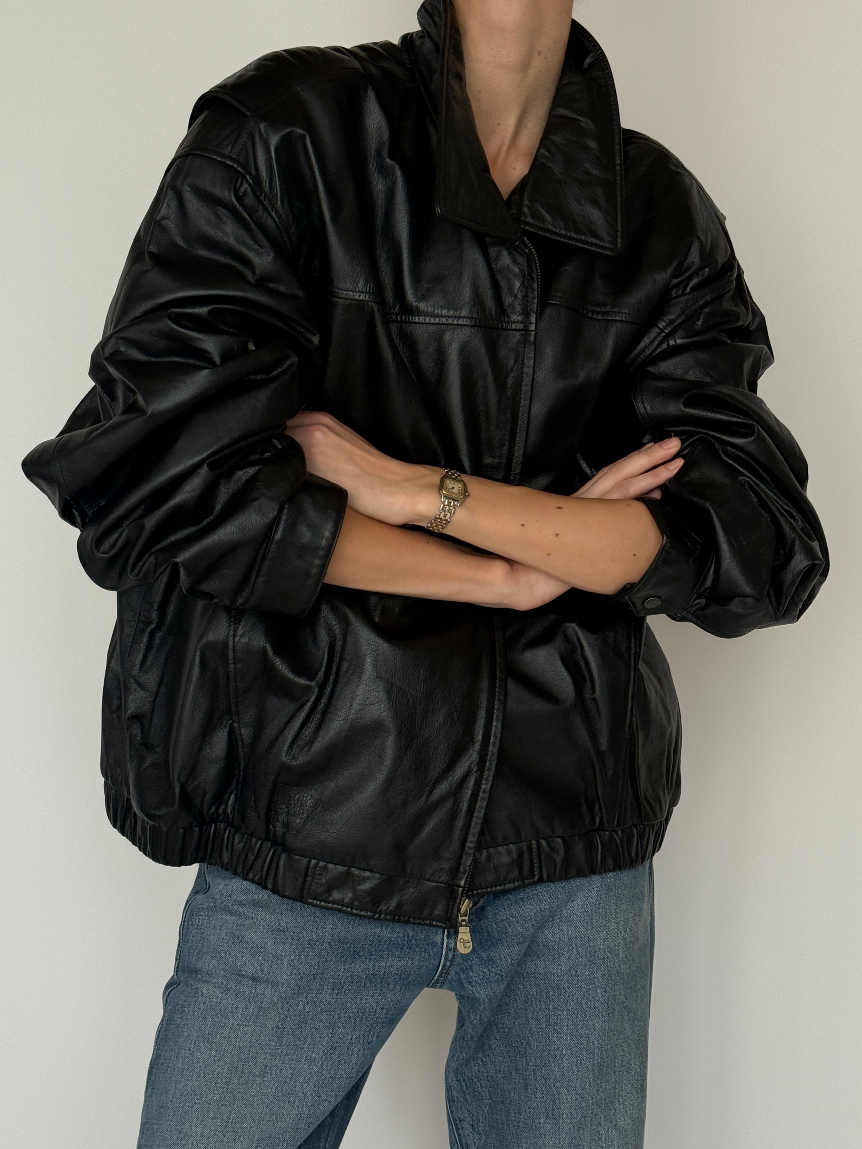 Vintage black leather jacket front view