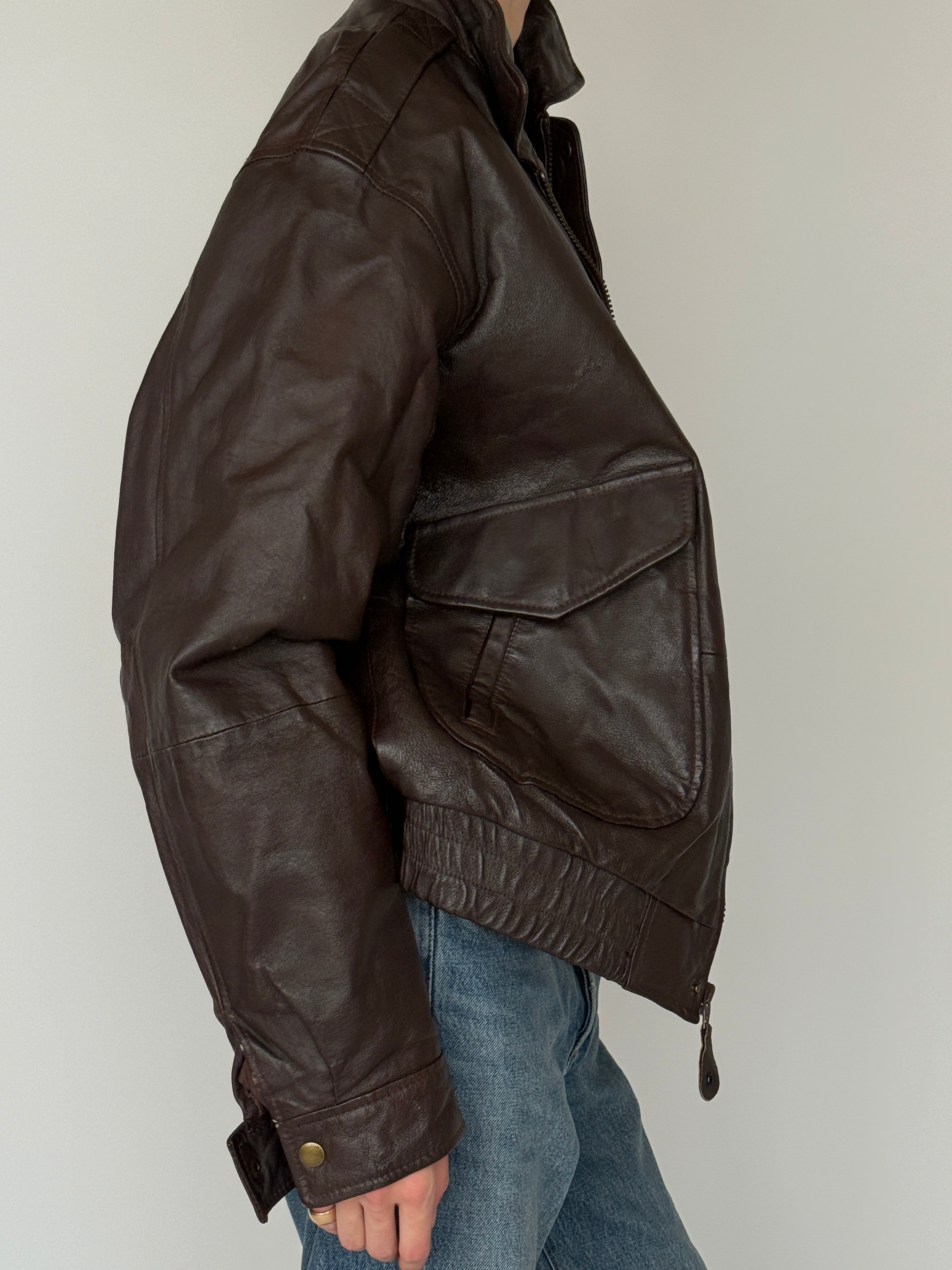 Vintage leather jacket dark brown side view