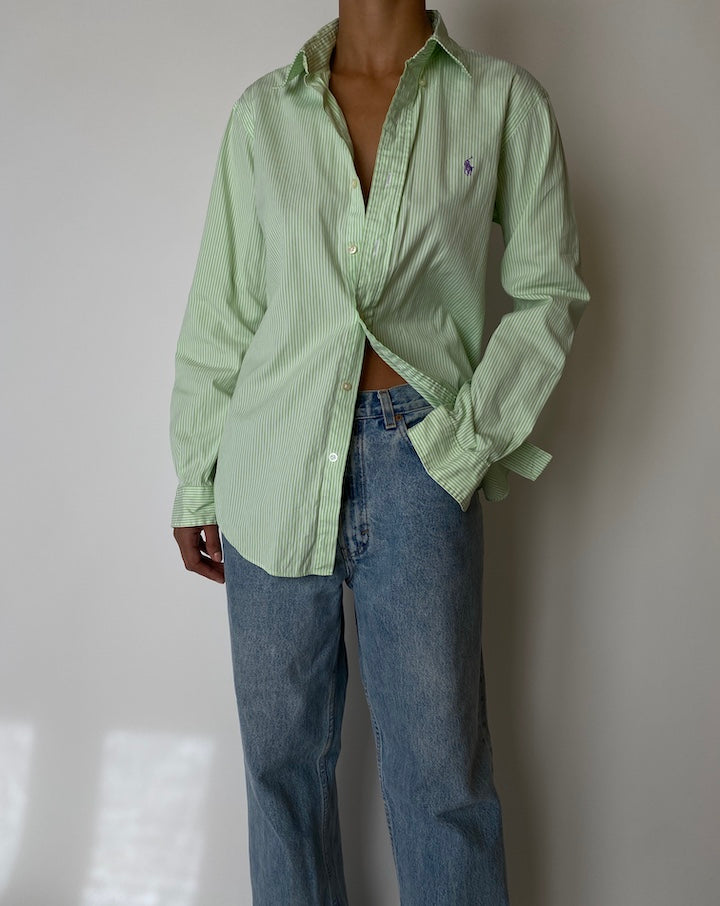 VINTAGE STRIPED GREEN AND WHITE RALPH LAUREN SHIRT 2574