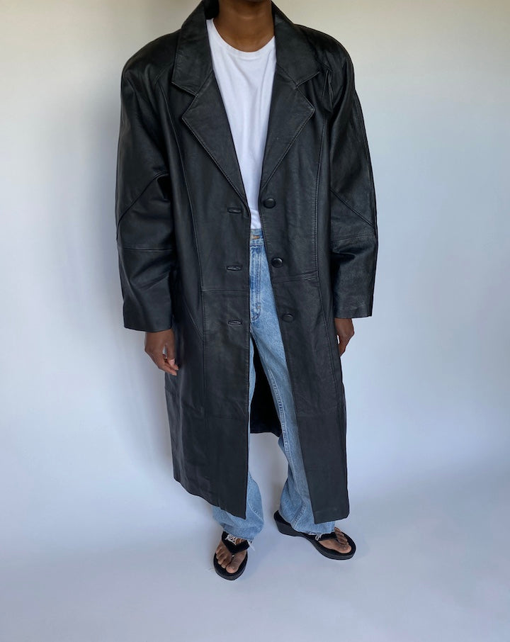 VINTAGE OVERSIZED BLACK LONG LEATHER JACKET 3522