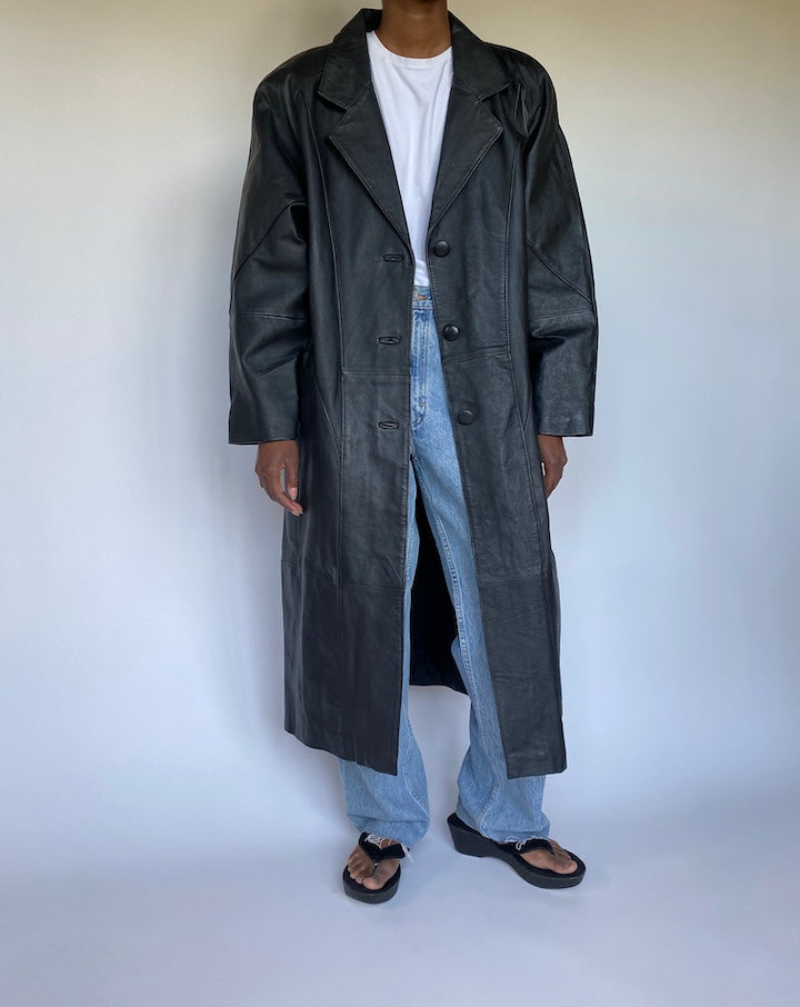 VINTAGE OVERSIZED BLACK LONG LEATHER JACKET 3522