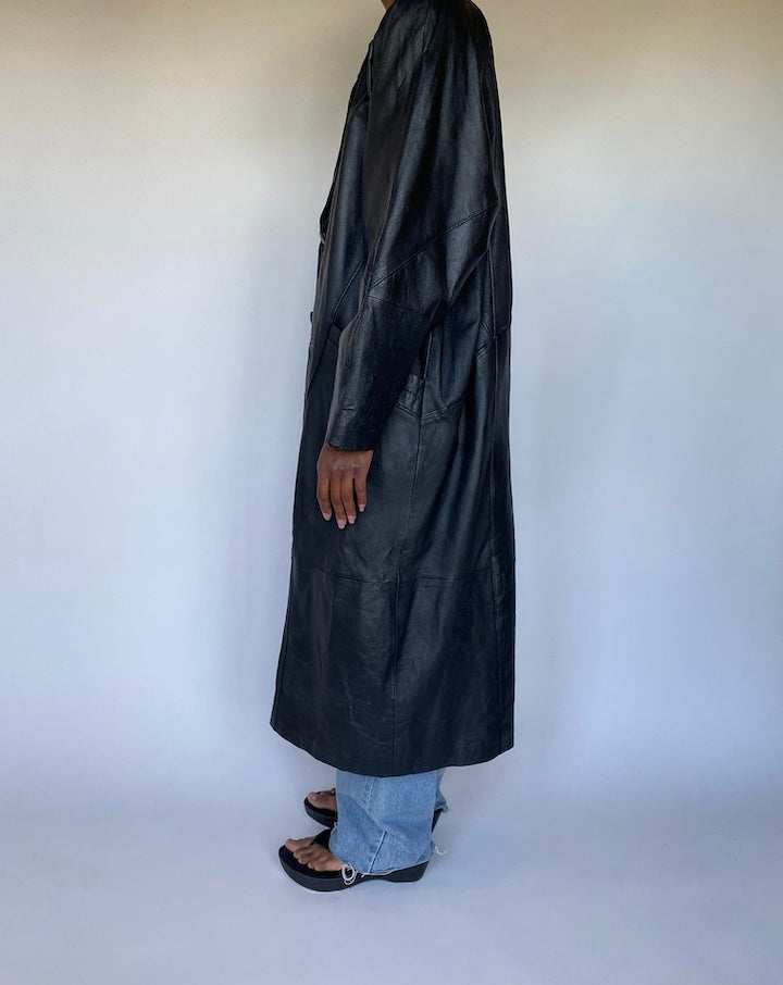 VINTAGE OVERSIZED BLACK LONG LEATHER JACKET 3522