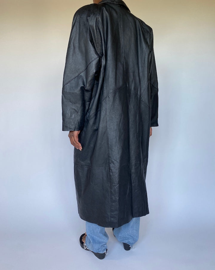 VINTAGE OVERSIZED BLACK LONG LEATHER JACKET 3522