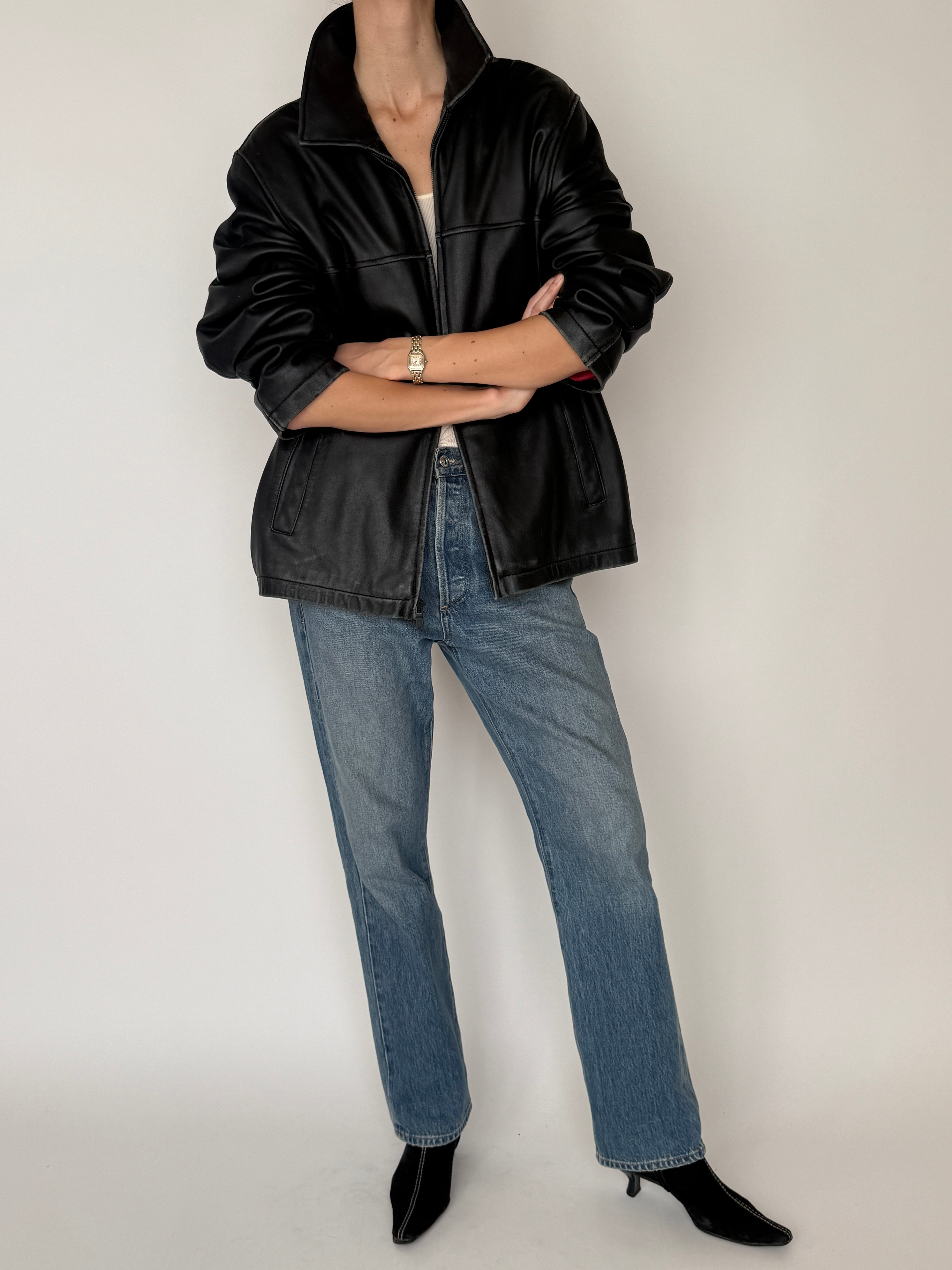 Vintage Tommy Hilfiger black leather zip jacket front view