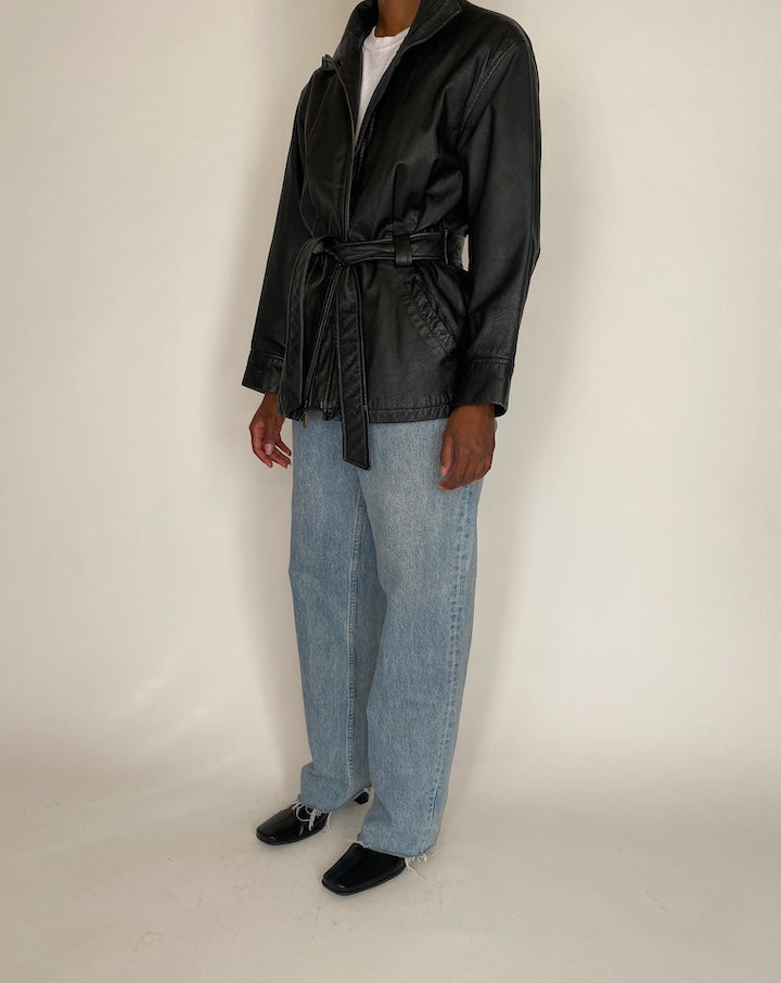 VINTAGE BLACK SHORT TRENCH LEATHER JACKET 4027