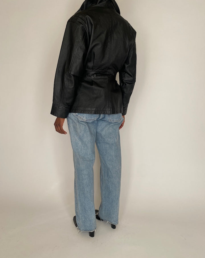 VINTAGE BLACK SHORT TRENCH LEATHER JACKET 4027