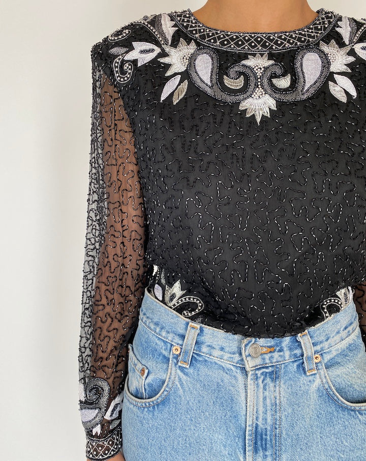 VINTAGE BLACK BEADED LONG SLEEVE TOP 2578