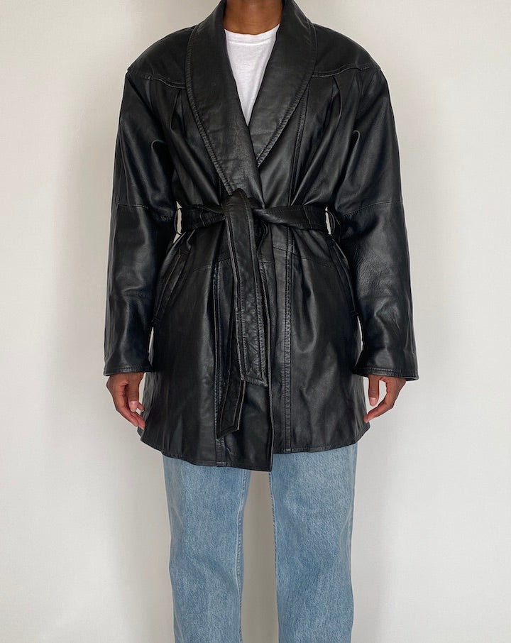 VINTAGE BLACK SHORT LEATHER TRENCH 4028