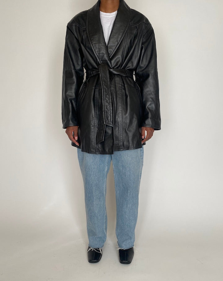VINTAGE BLACK SHORT LEATHER TRENCH 4028