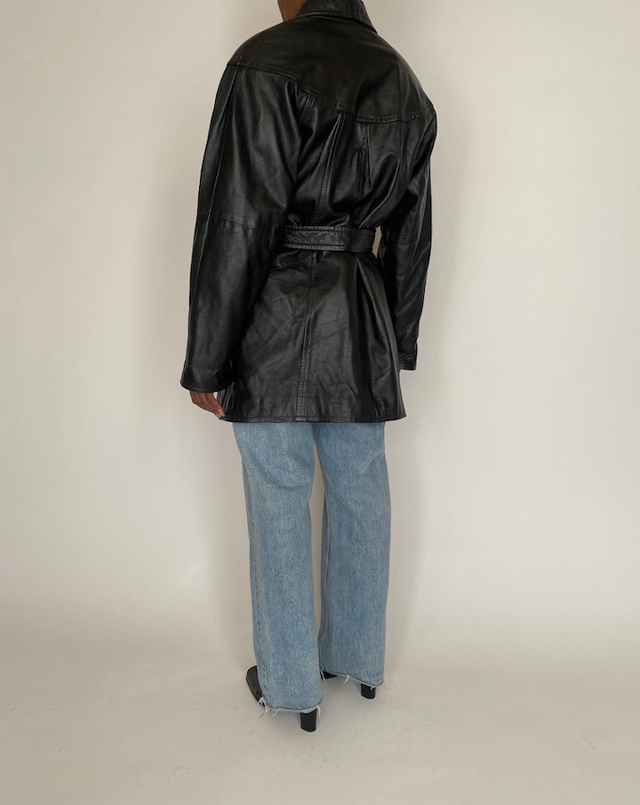 VINTAGE BLACK SHORT LEATHER TRENCH 4028