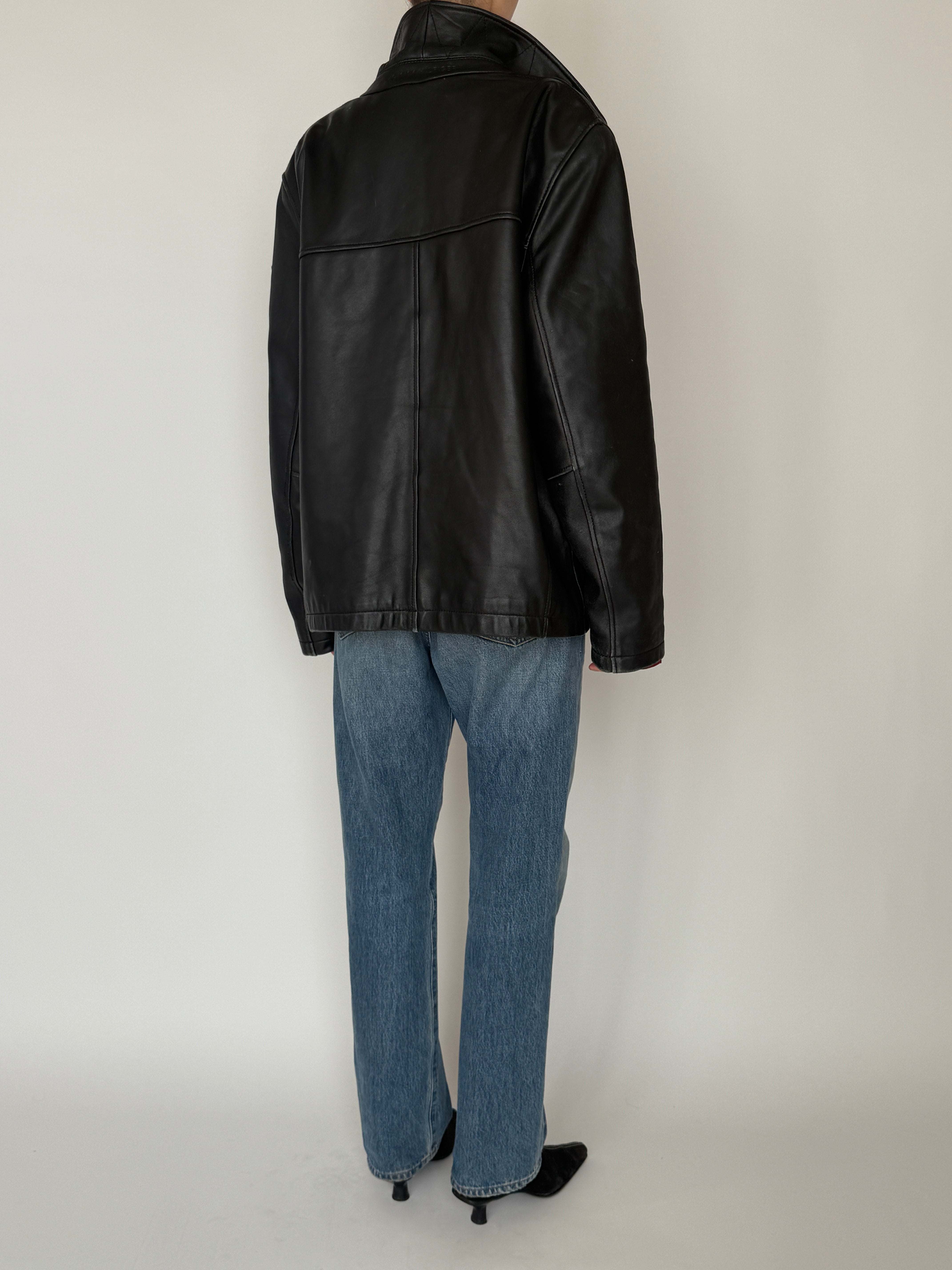 Vintage Tommy Hilfiger black leather zip jacket back view