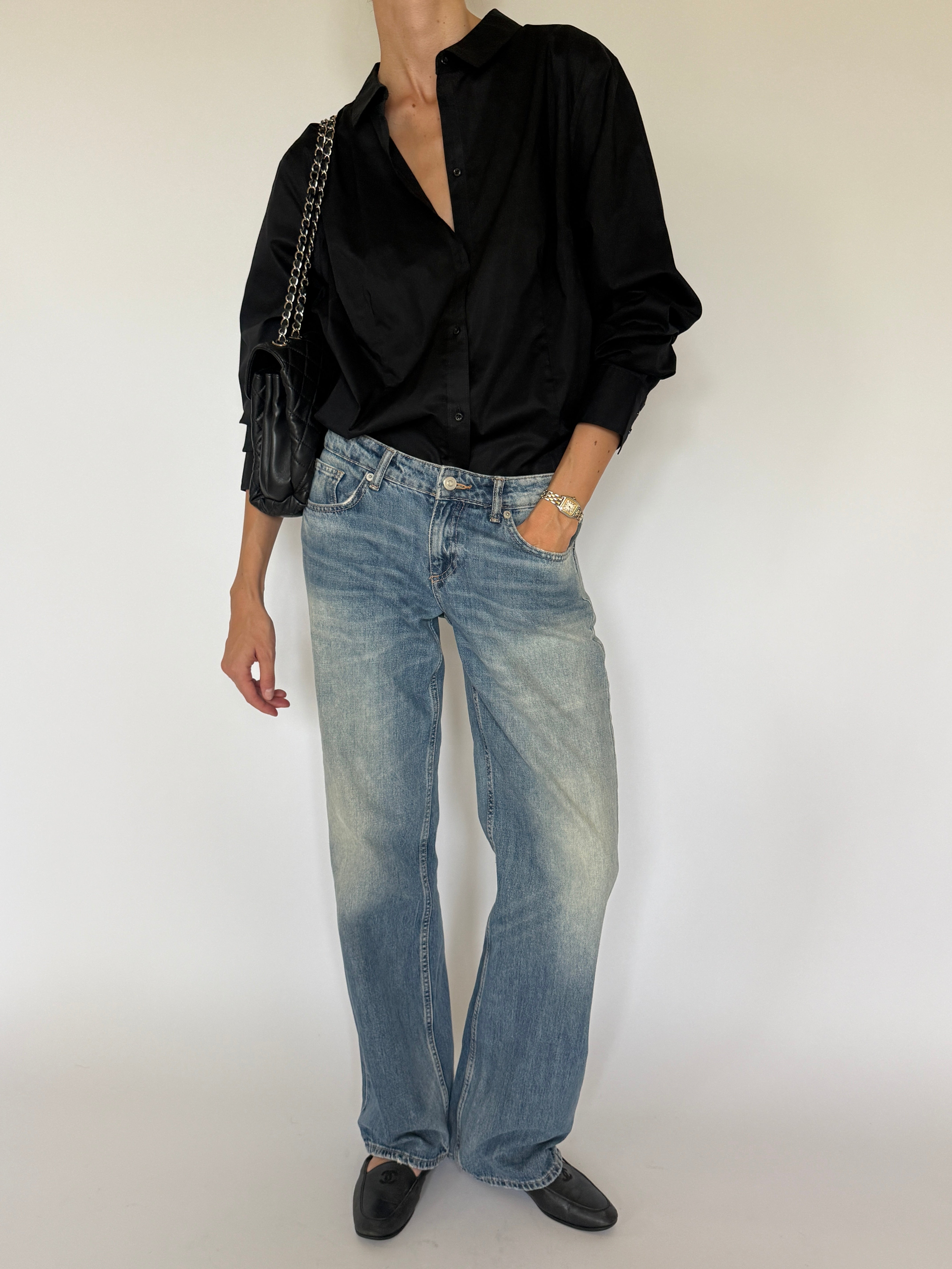 Vintage black oversized button-up shirt front view