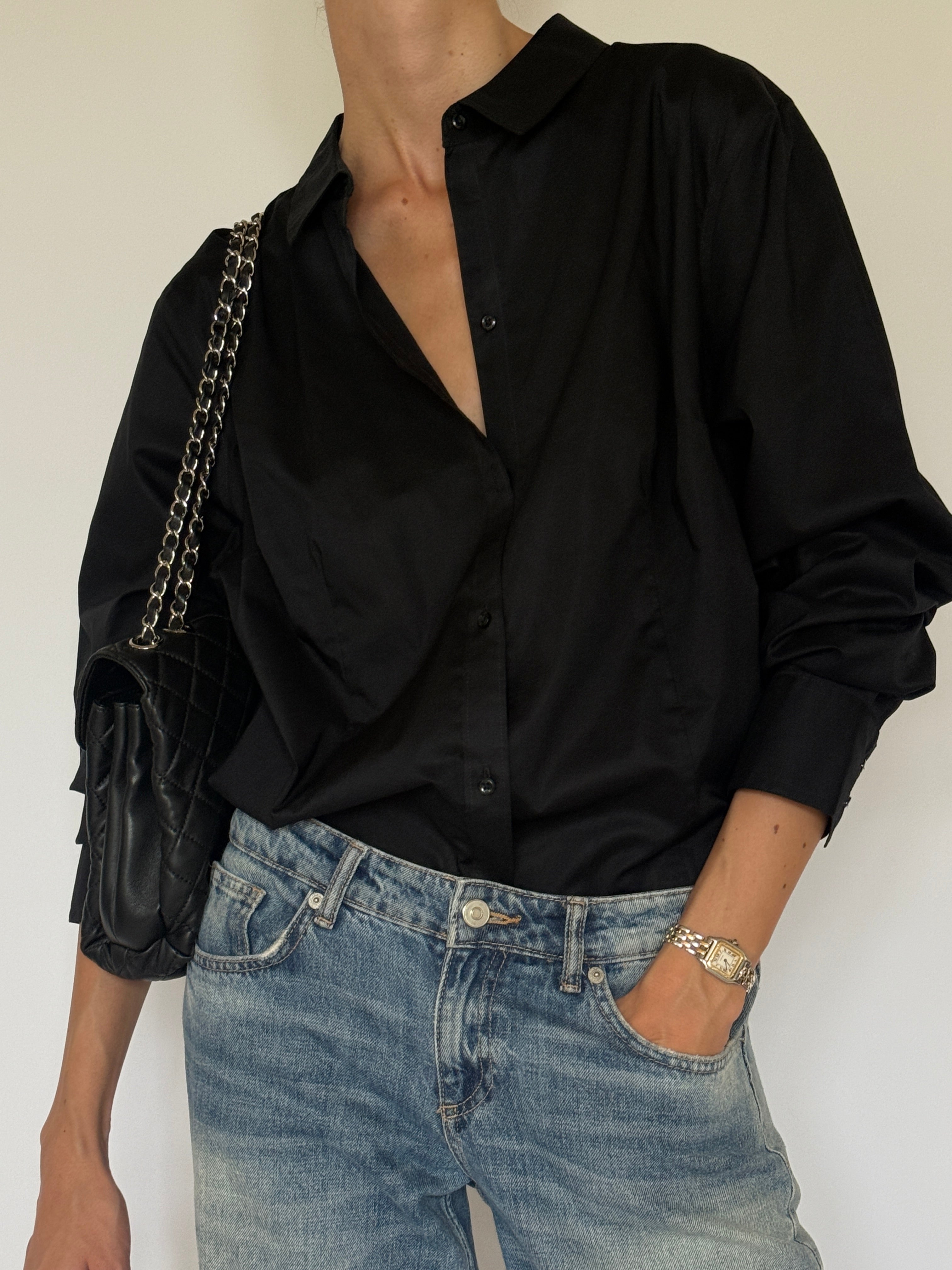 Vintage black oversized button-up shirt front view