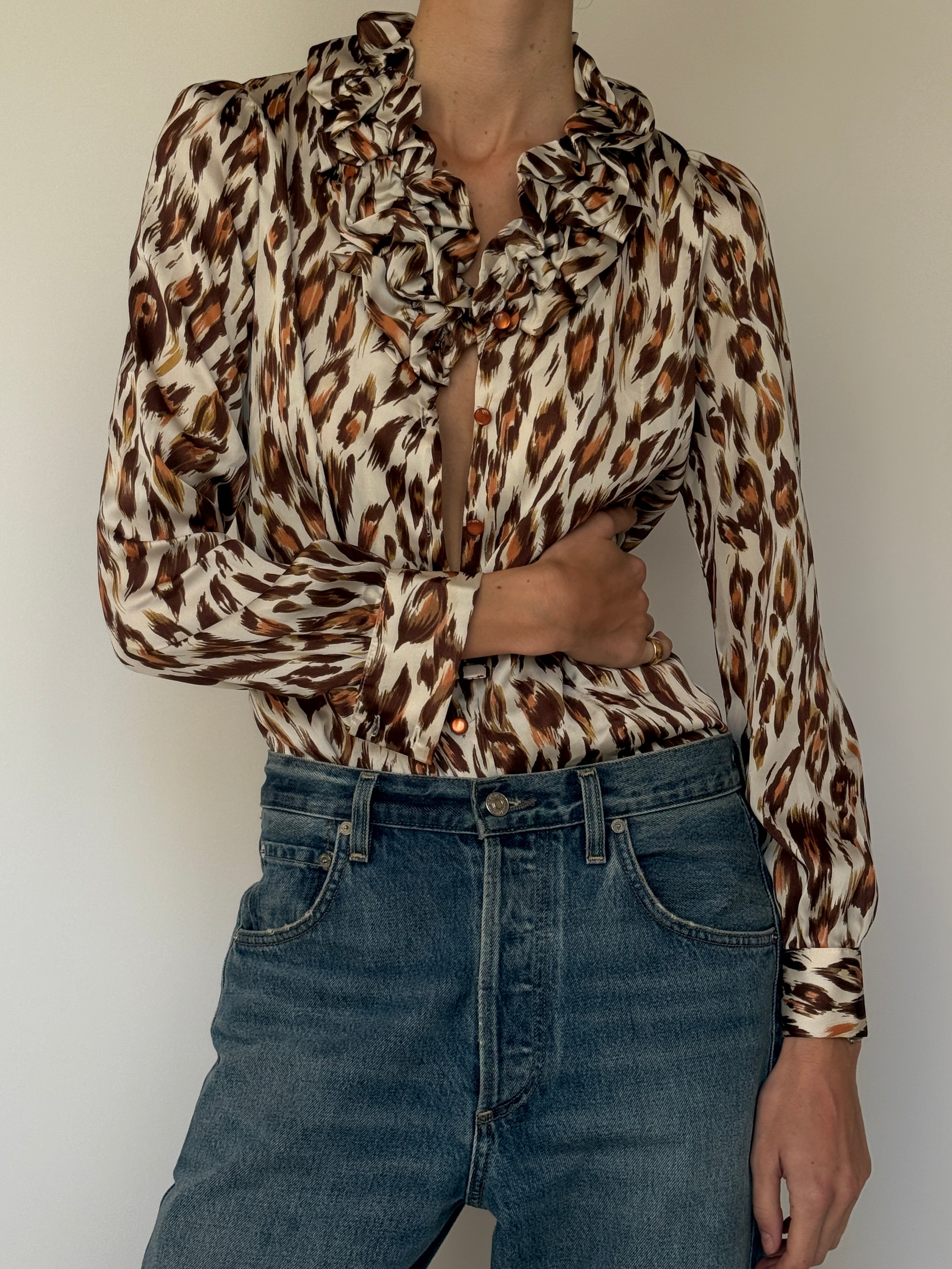 Vintage Ruffled Leopard Blouse 7008