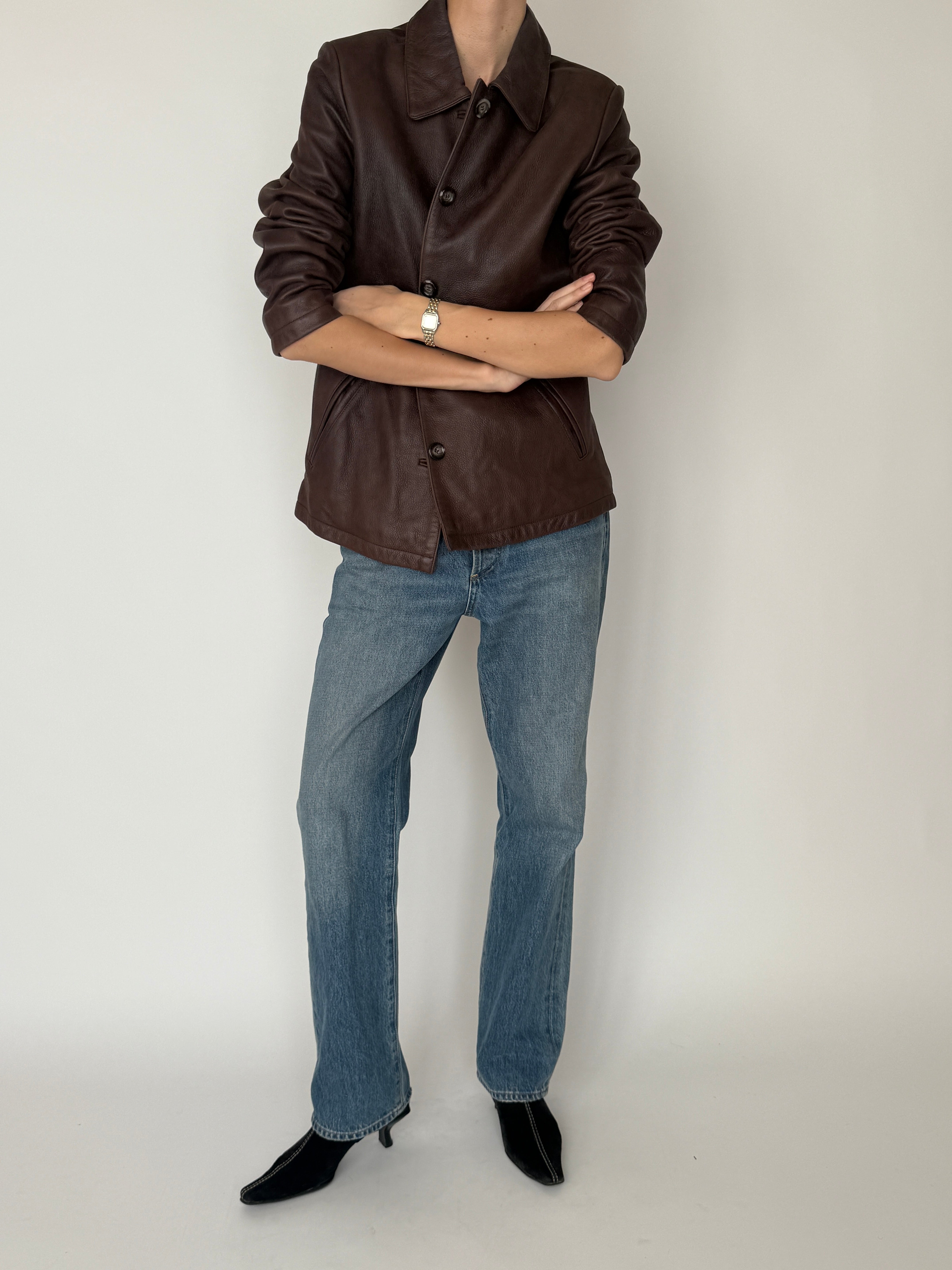 Vintage leather button front jacket brown detail