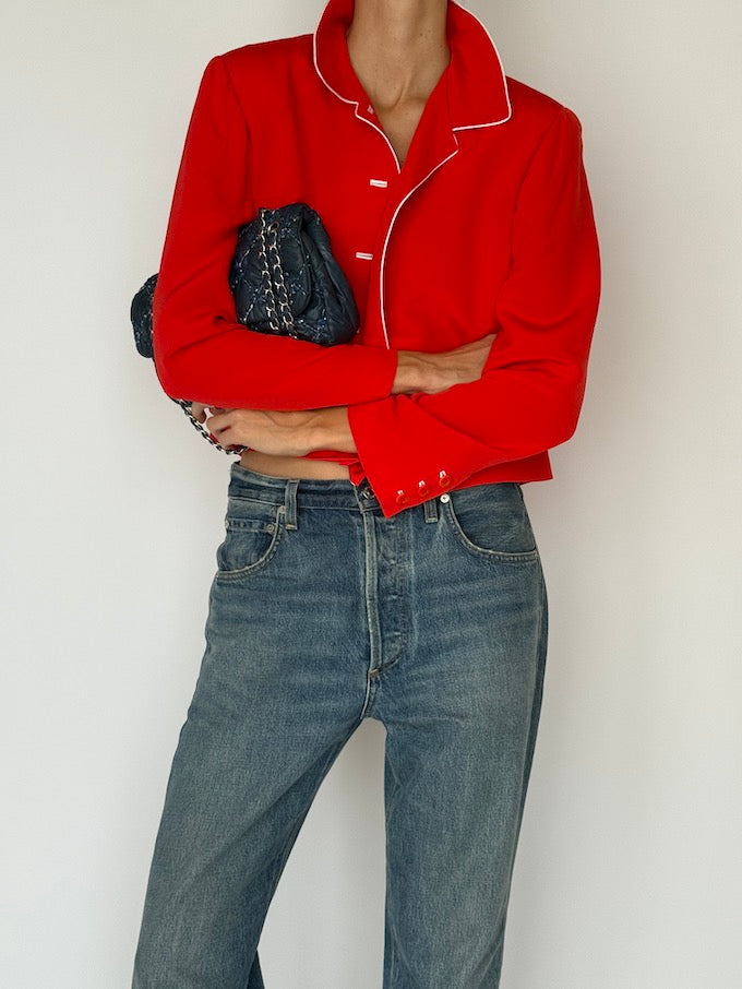 Vintage Cropped Button-Up Blazer Red 6501