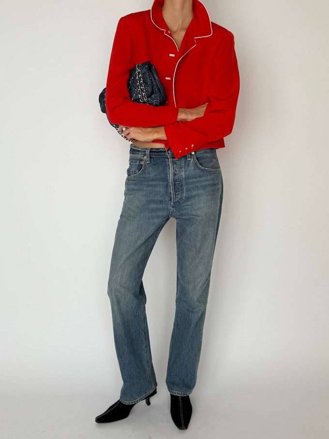 Vintage Cropped Button-Up Blazer Red 6501