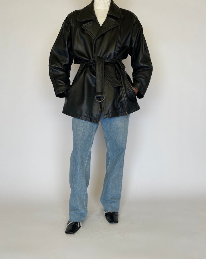 VINTAGE BLACK SHORT LEATHER TRENCH 4501