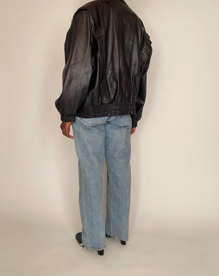 VINTAGE OVERSIZED BLACK BOXY LEATHER JACKET 4034
