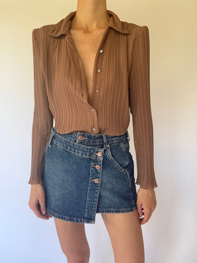 Vintage Brown Pleated Button-Up Blouse 6121