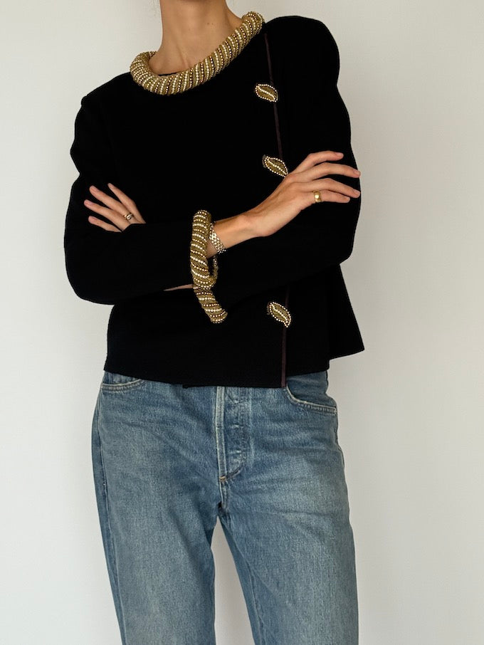 Vintage Statement Wool Cardigan with Gold Bead Detailing 6509