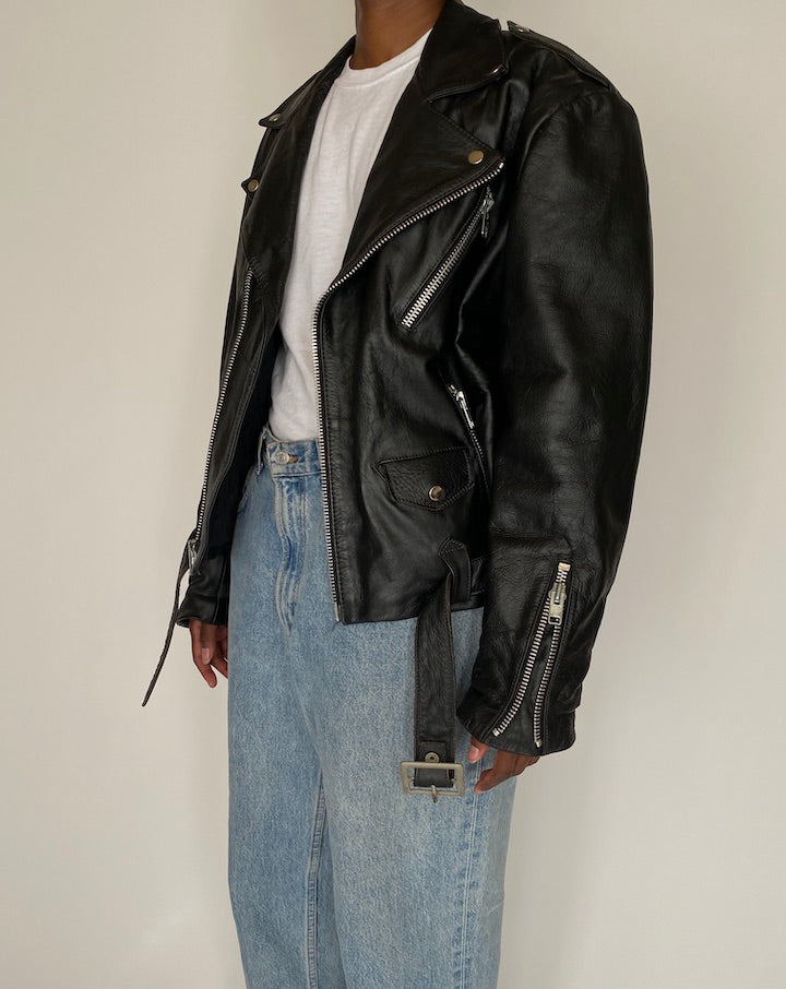 VINTAGE OVERSIZED BLACK BIKER MOTO JACKET 4035