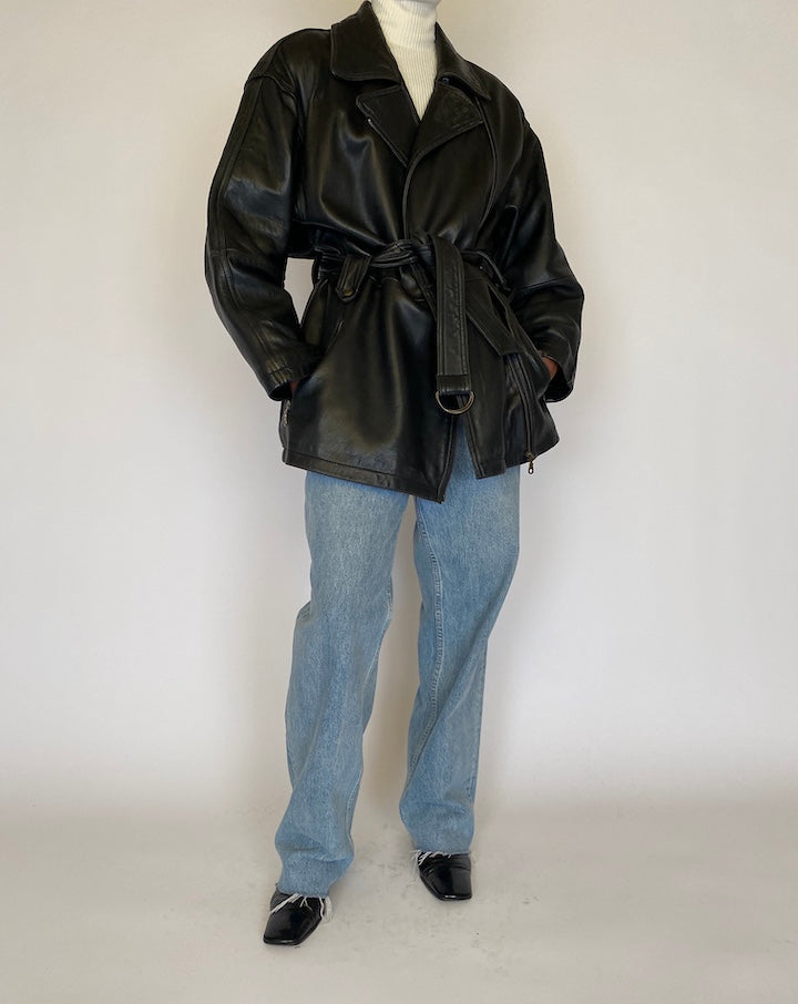 VINTAGE BLACK SHORT LEATHER TRENCH 4501