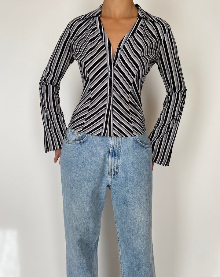 VINTAGE BLACK AND WHITE STRIPED BLOUSE 2585