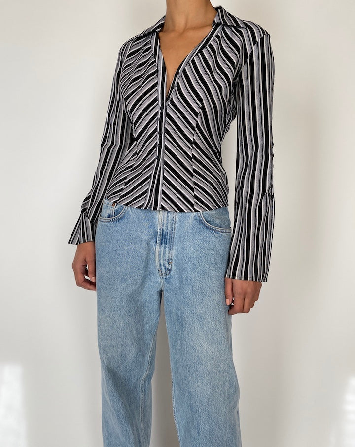 VINTAGE BLACK AND WHITE STRIPED BLOUSE 2585