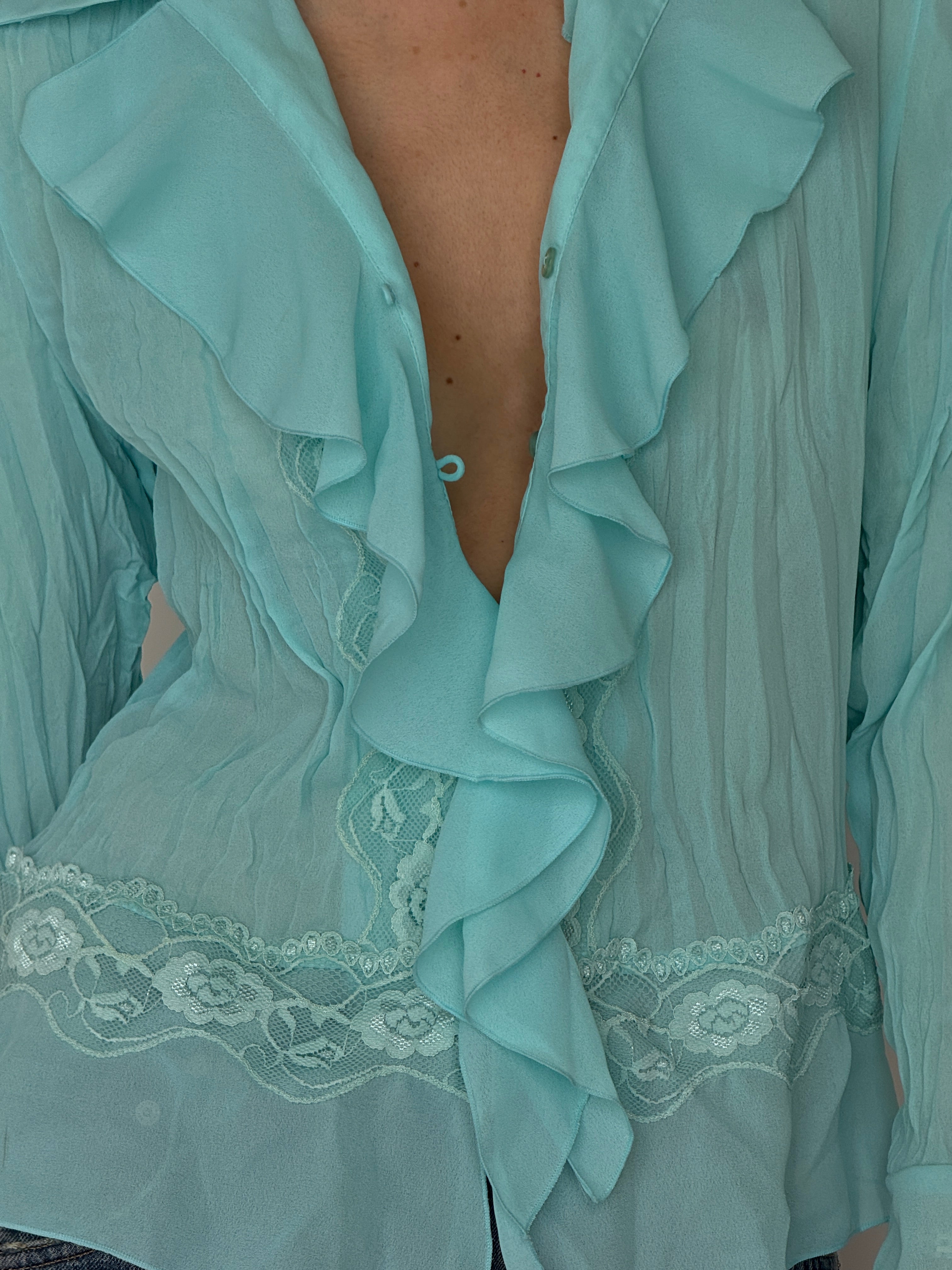 Vintage aqua sheer ruffle blouse front view