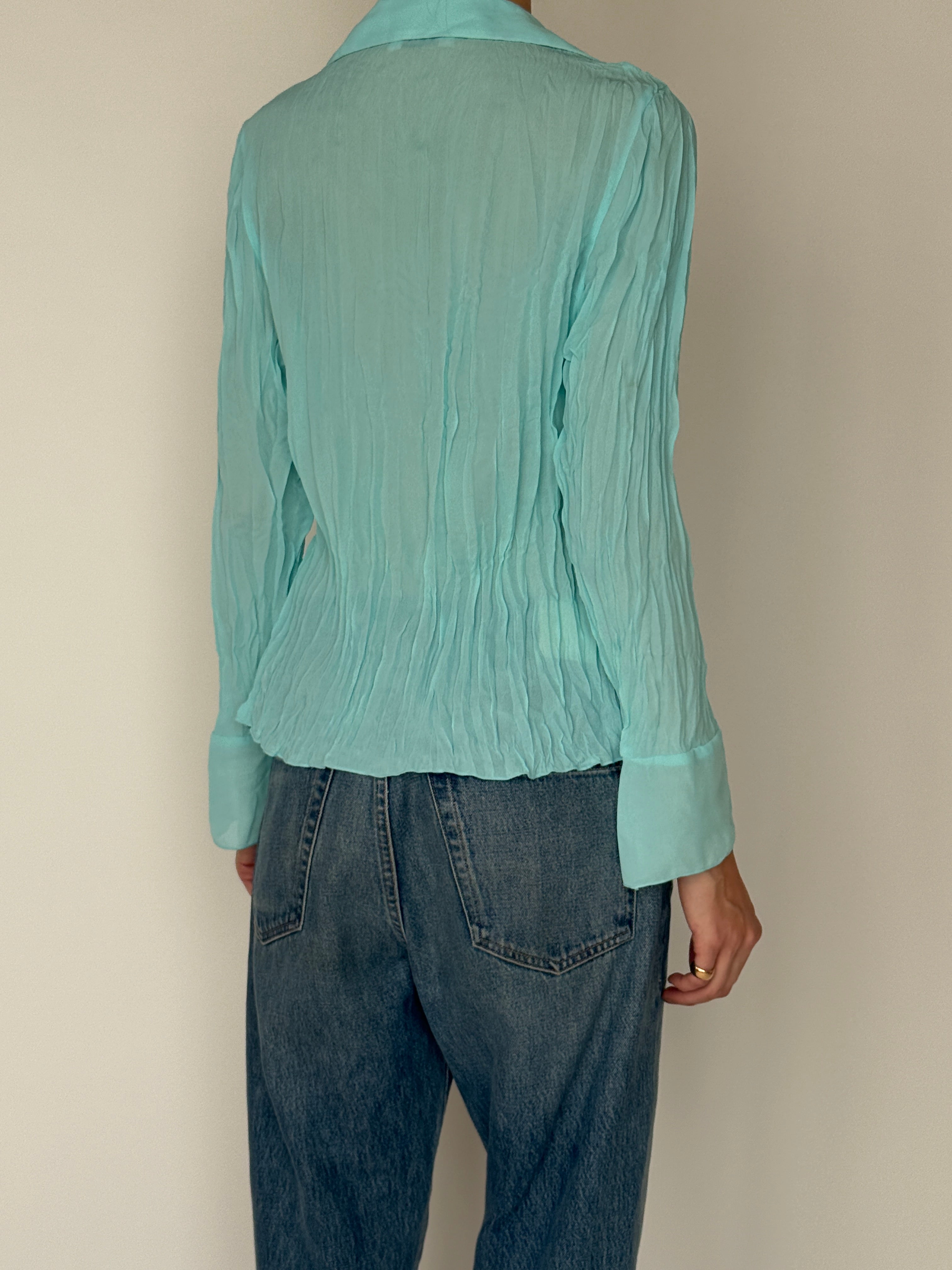Vintage aqua sheer ruffle blouse back view