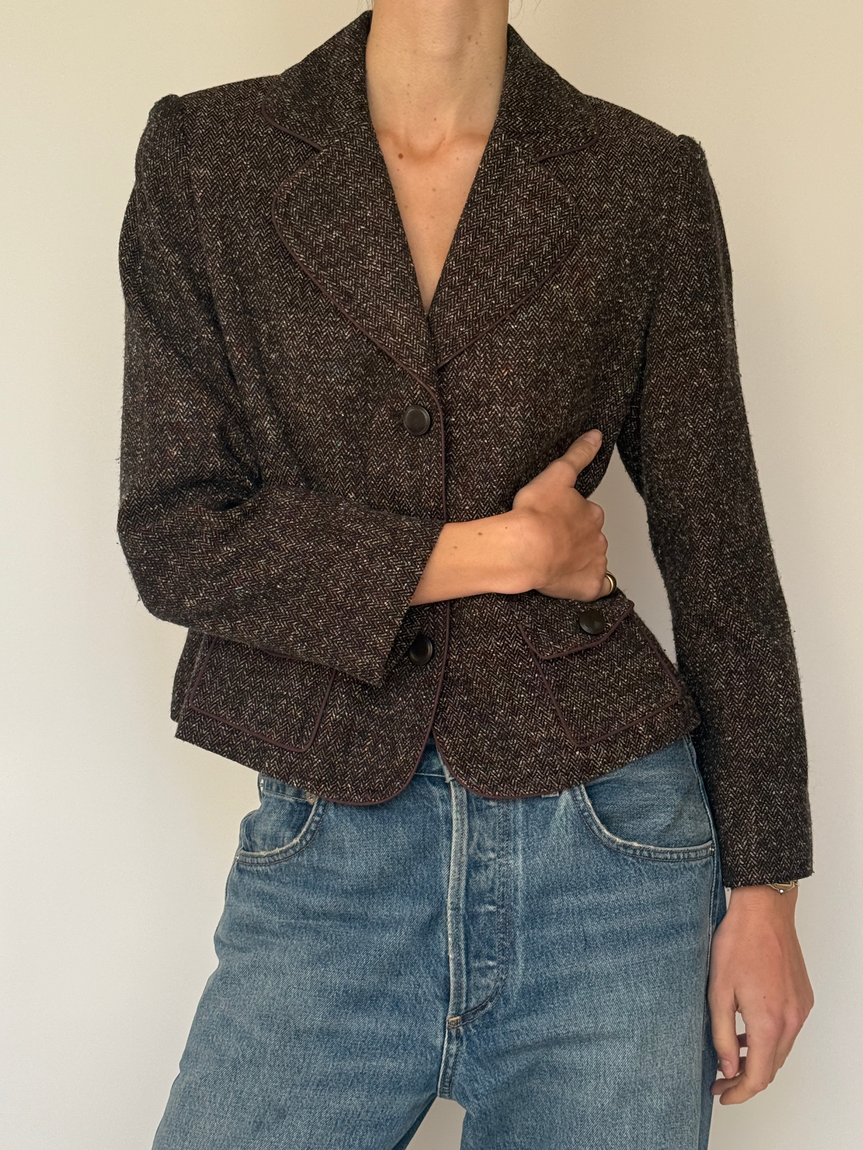 Vintage Tailored Herringbone Blazer Brown 7014