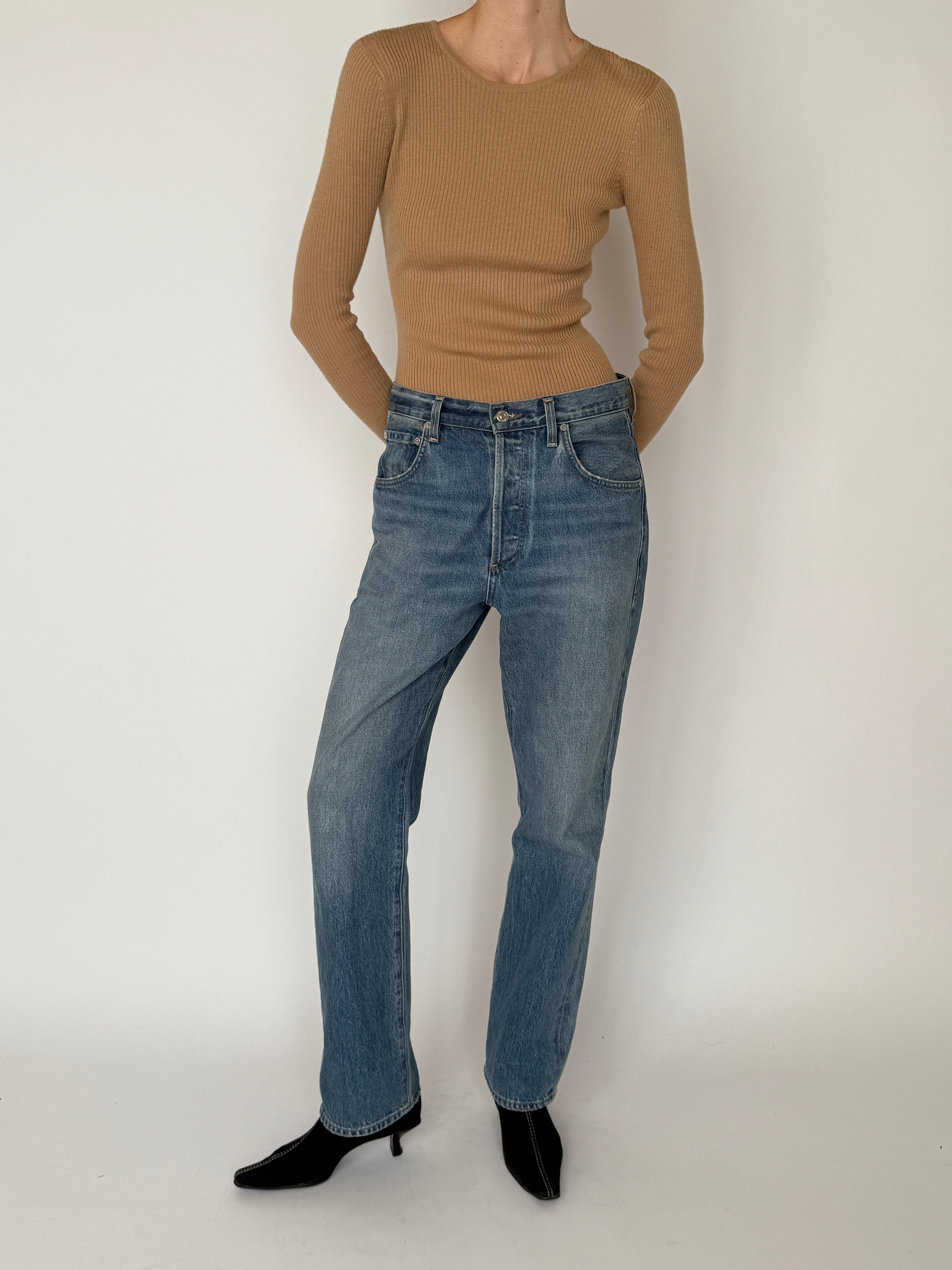 Vintage ribbed knit top camel front view