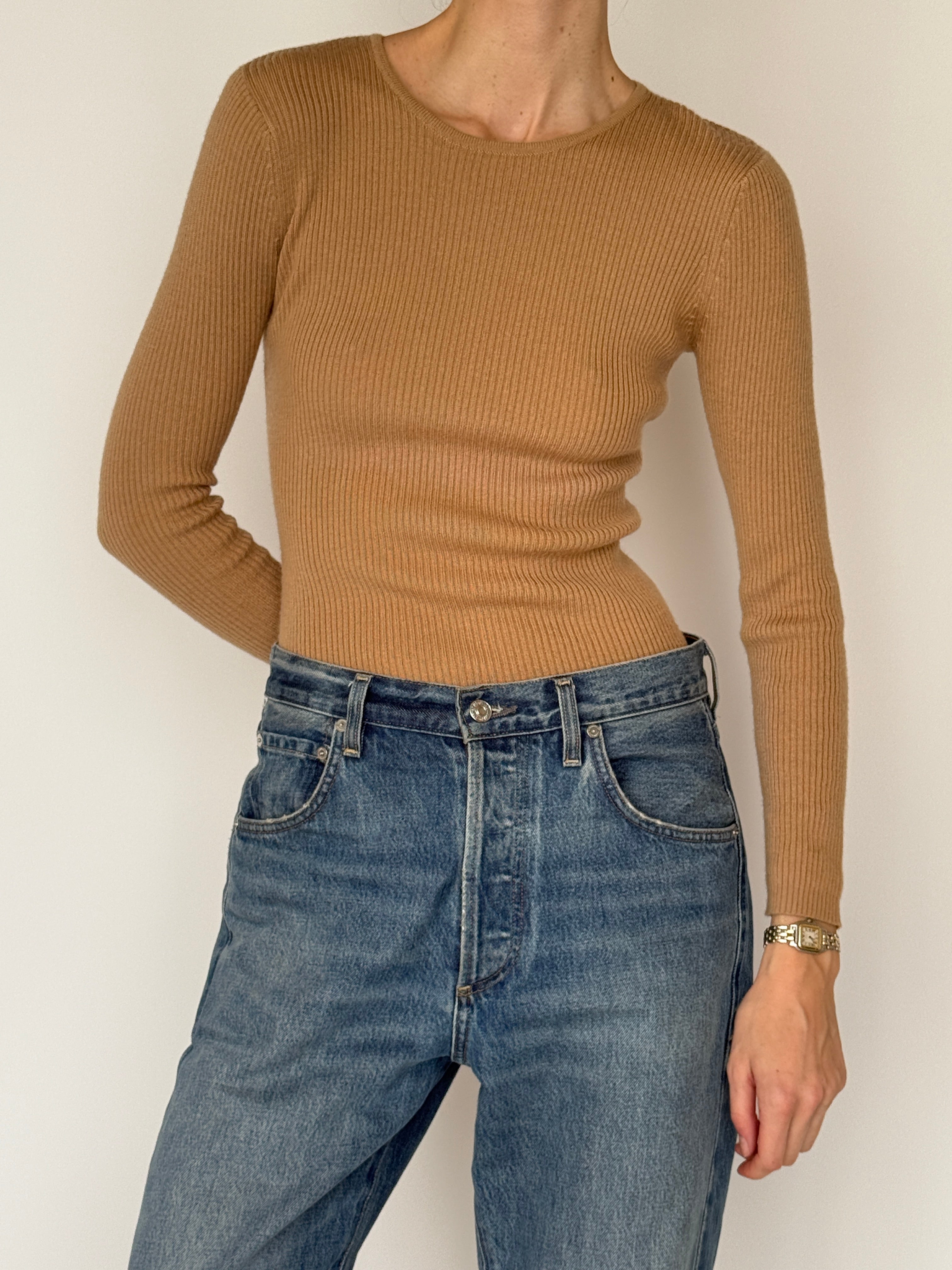 Vintage camel ribbed knit top neckline detail