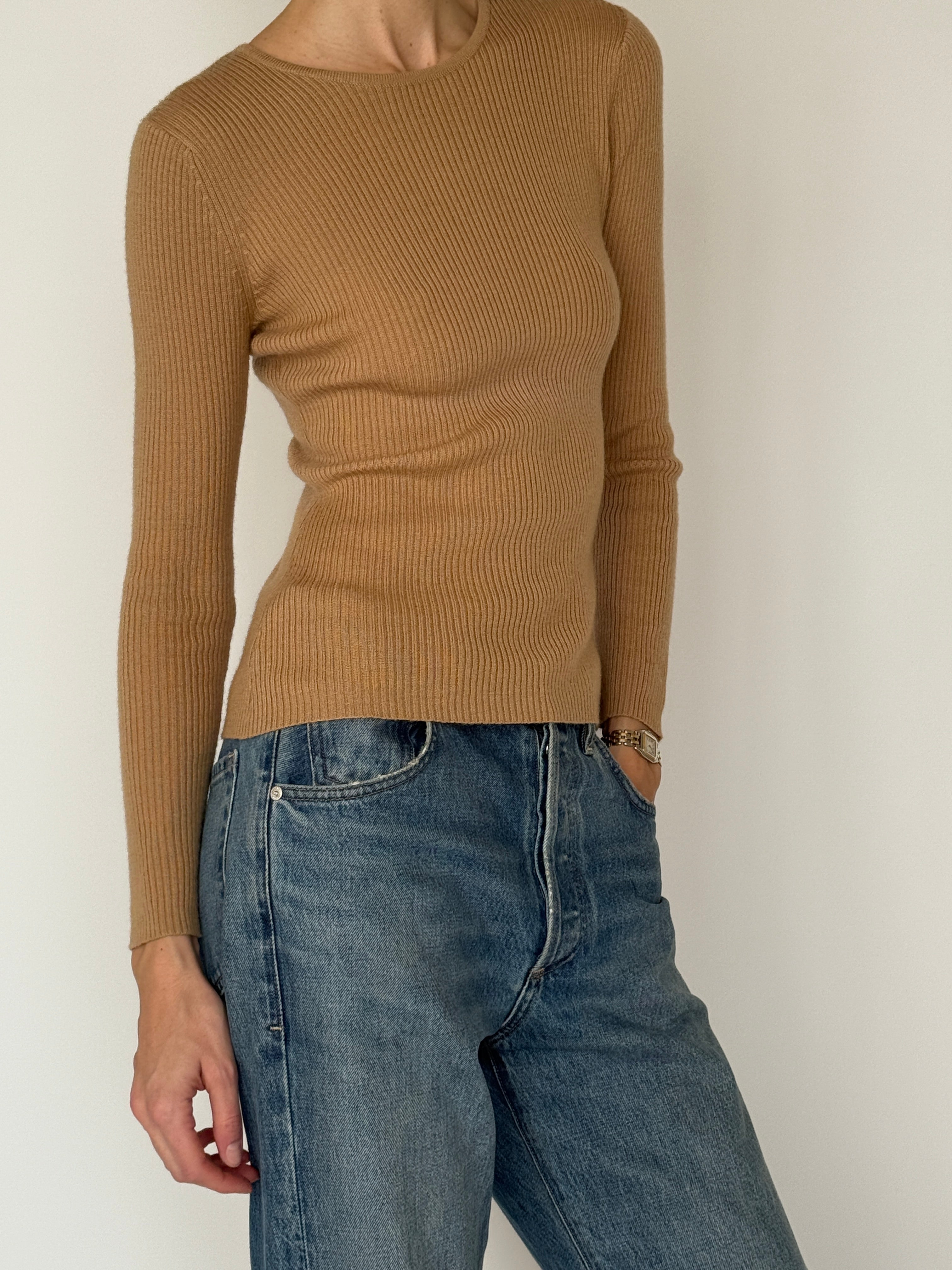 Vintage camel ribbed long sleeve top waist detail