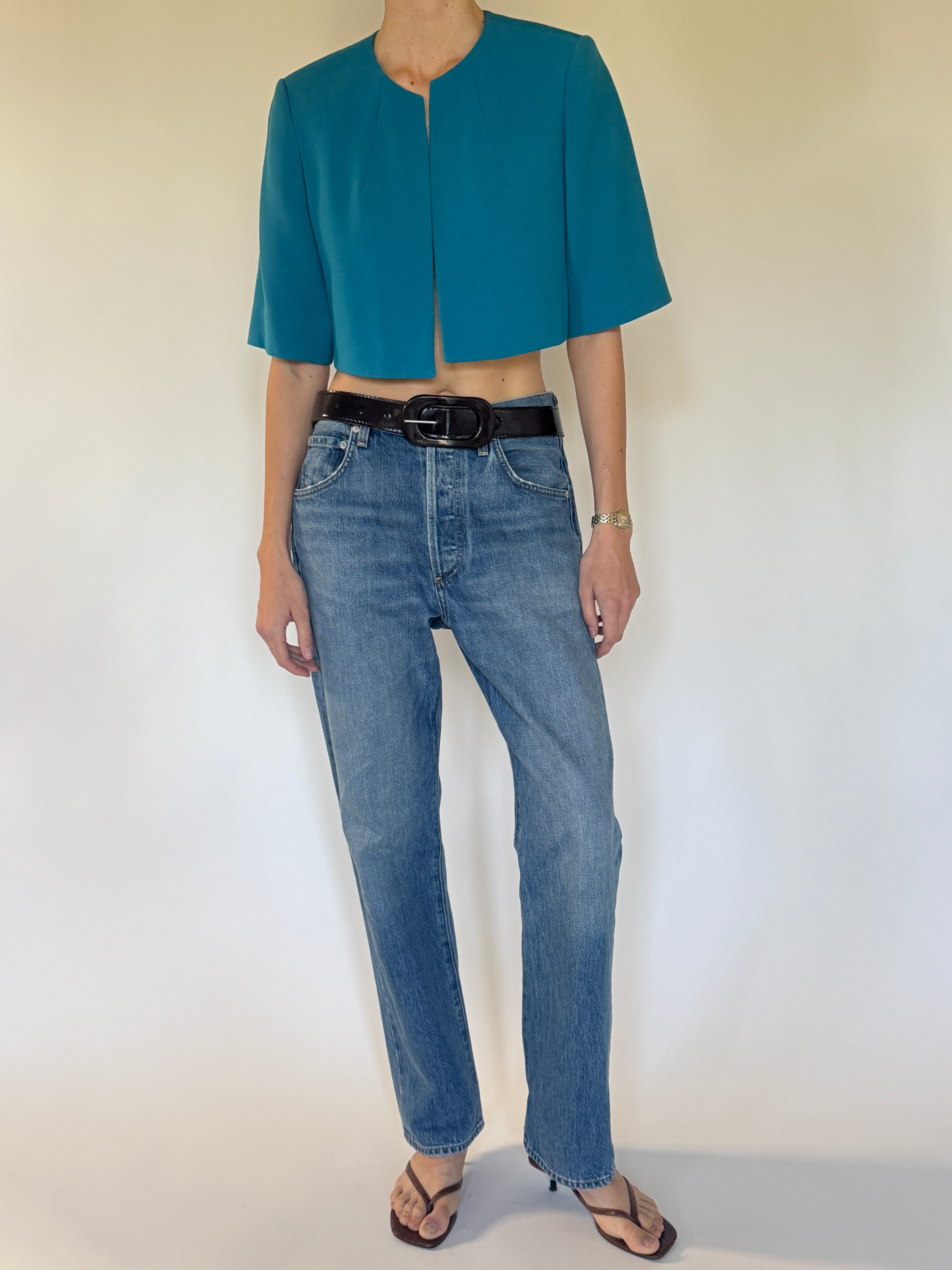 Vintage Calvin Klein teal cropped stretch jacket front view collarless neckline