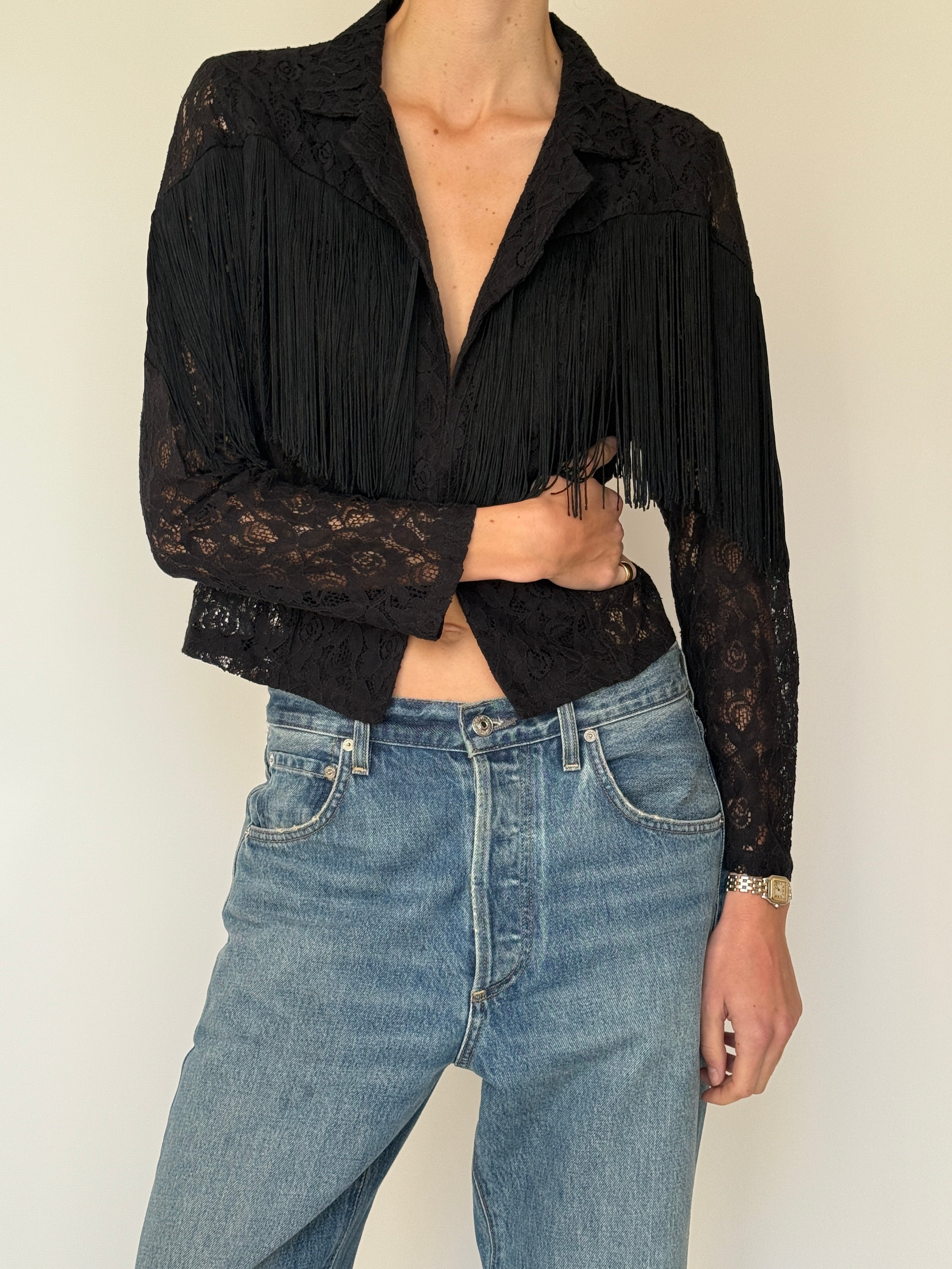 Vintage black lace fringe top front view