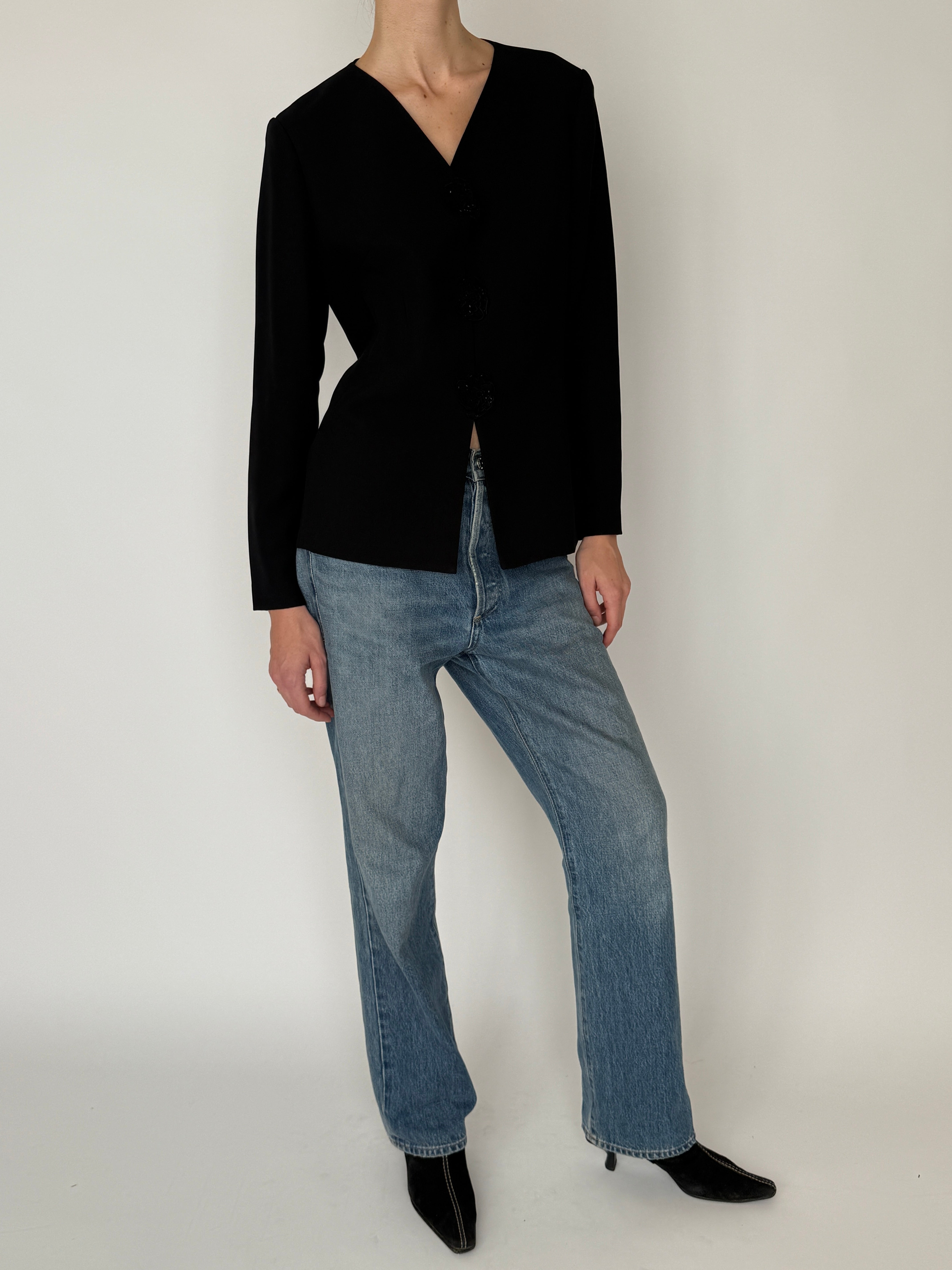 Vintage black beaded button blazer front view