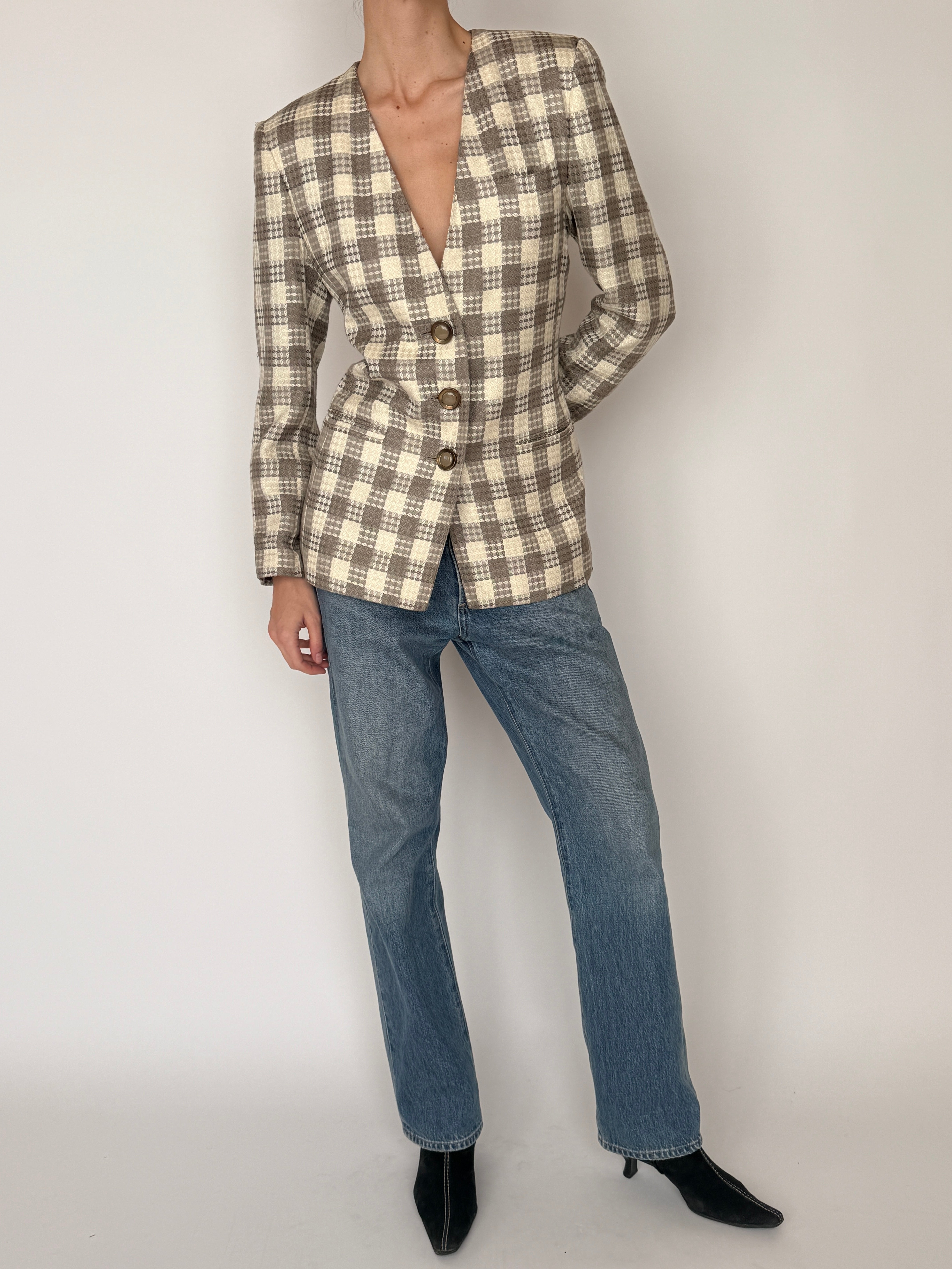 Vintage cream taupe checkered blazer front view