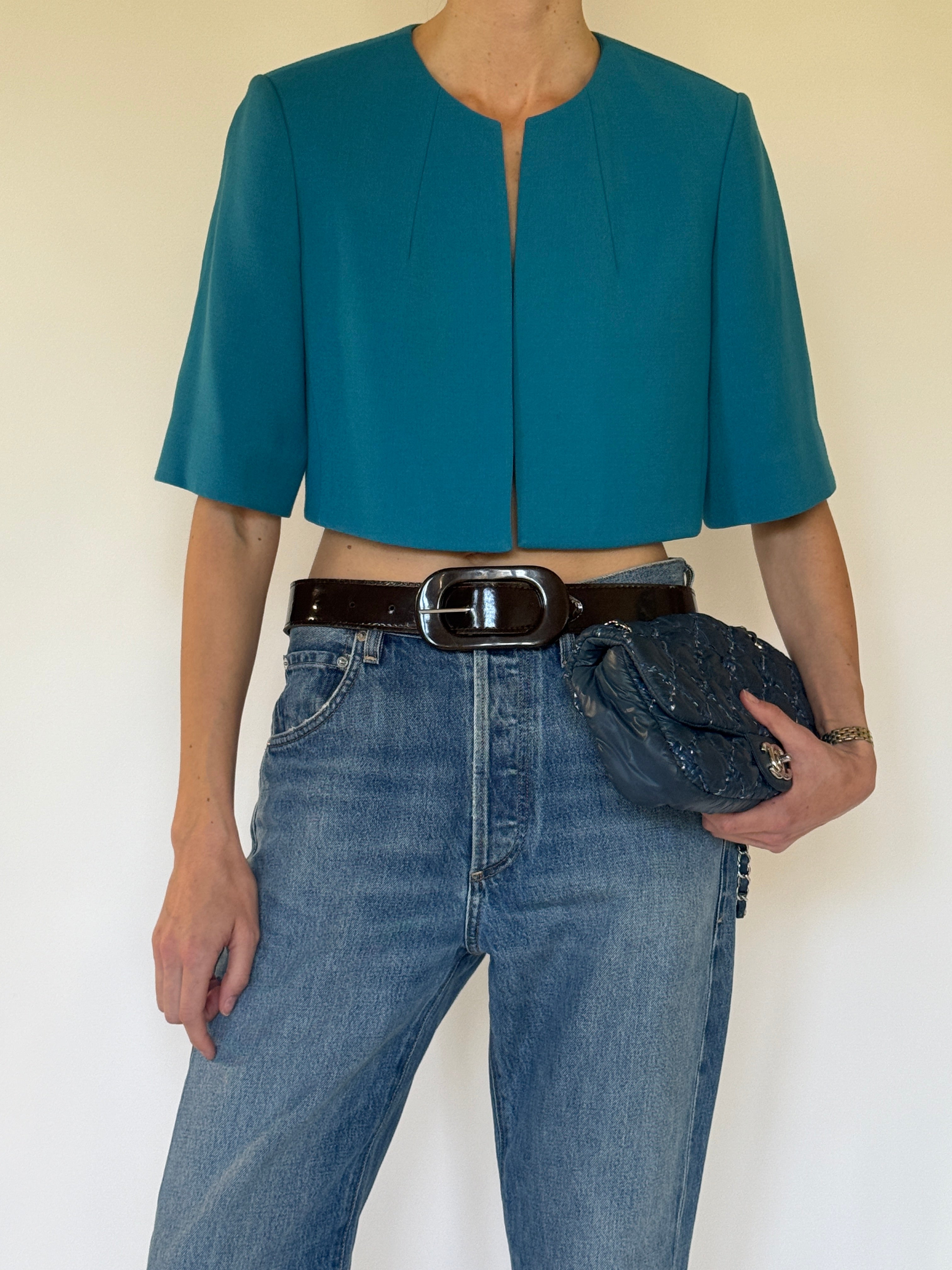 Vintage Calvin Klein teal cropped stretch jacket front view collarless neckline