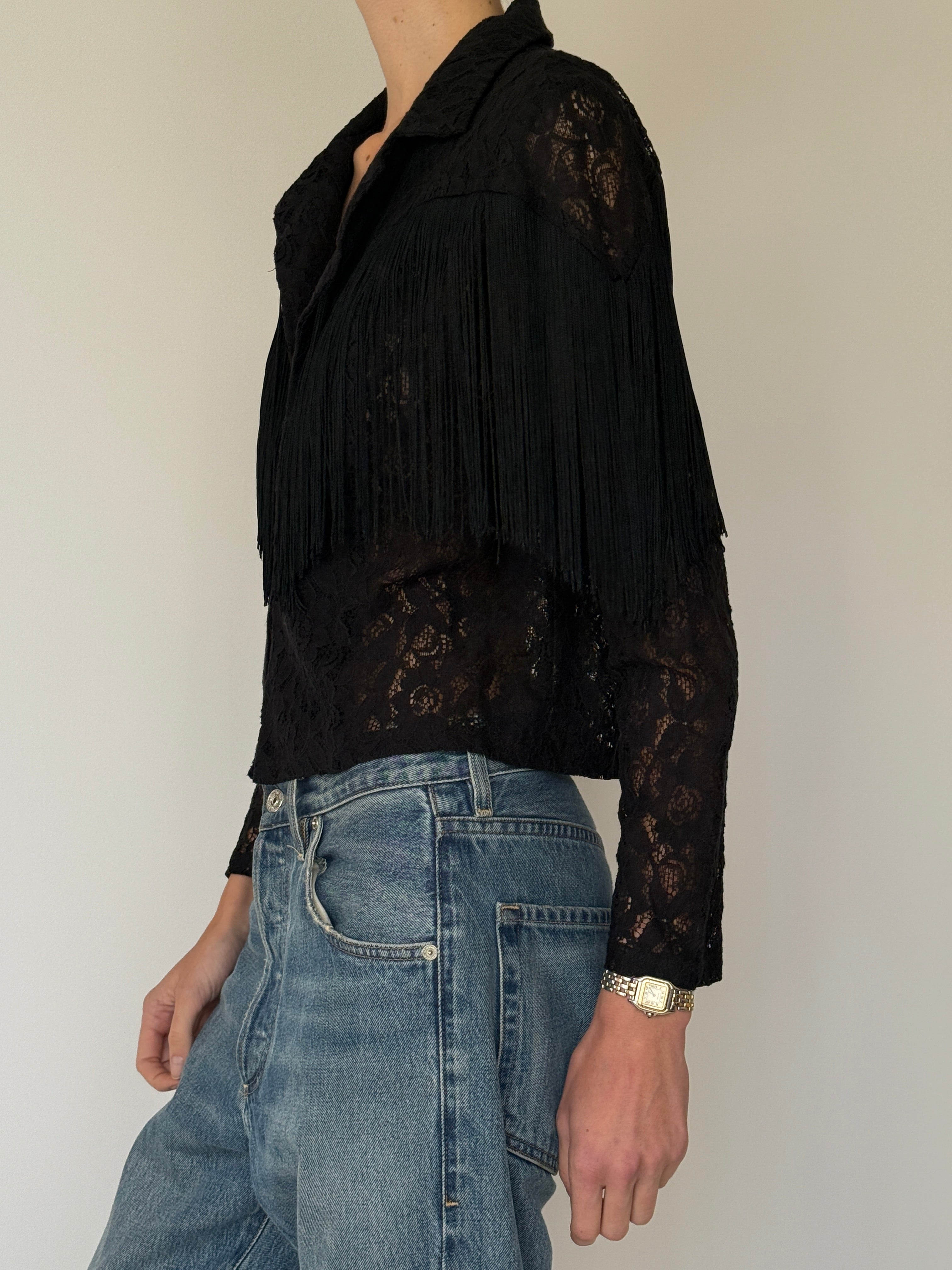 Vintage black lace fringe top side view