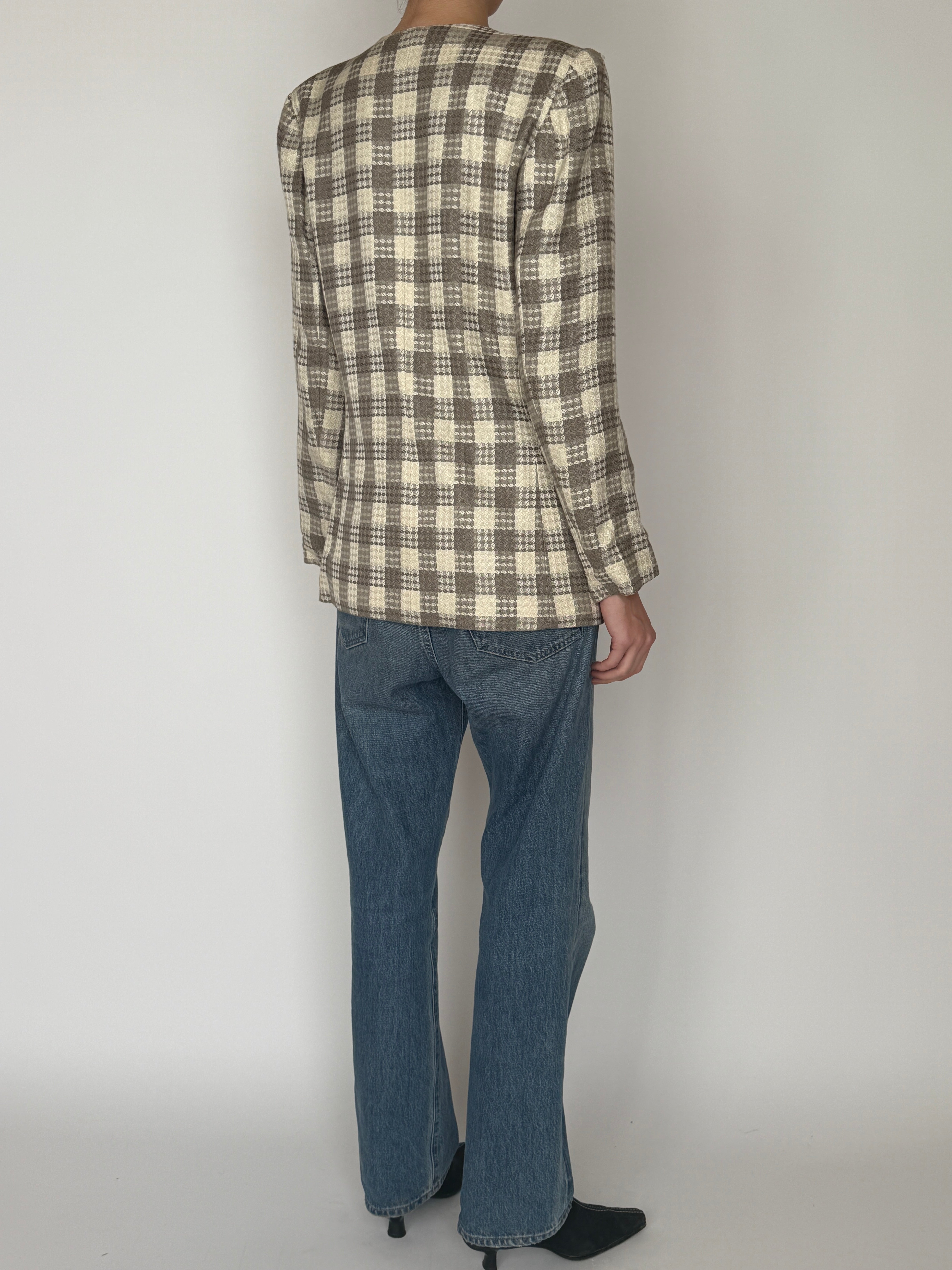 Vintage cream taupe checkered blazer back view