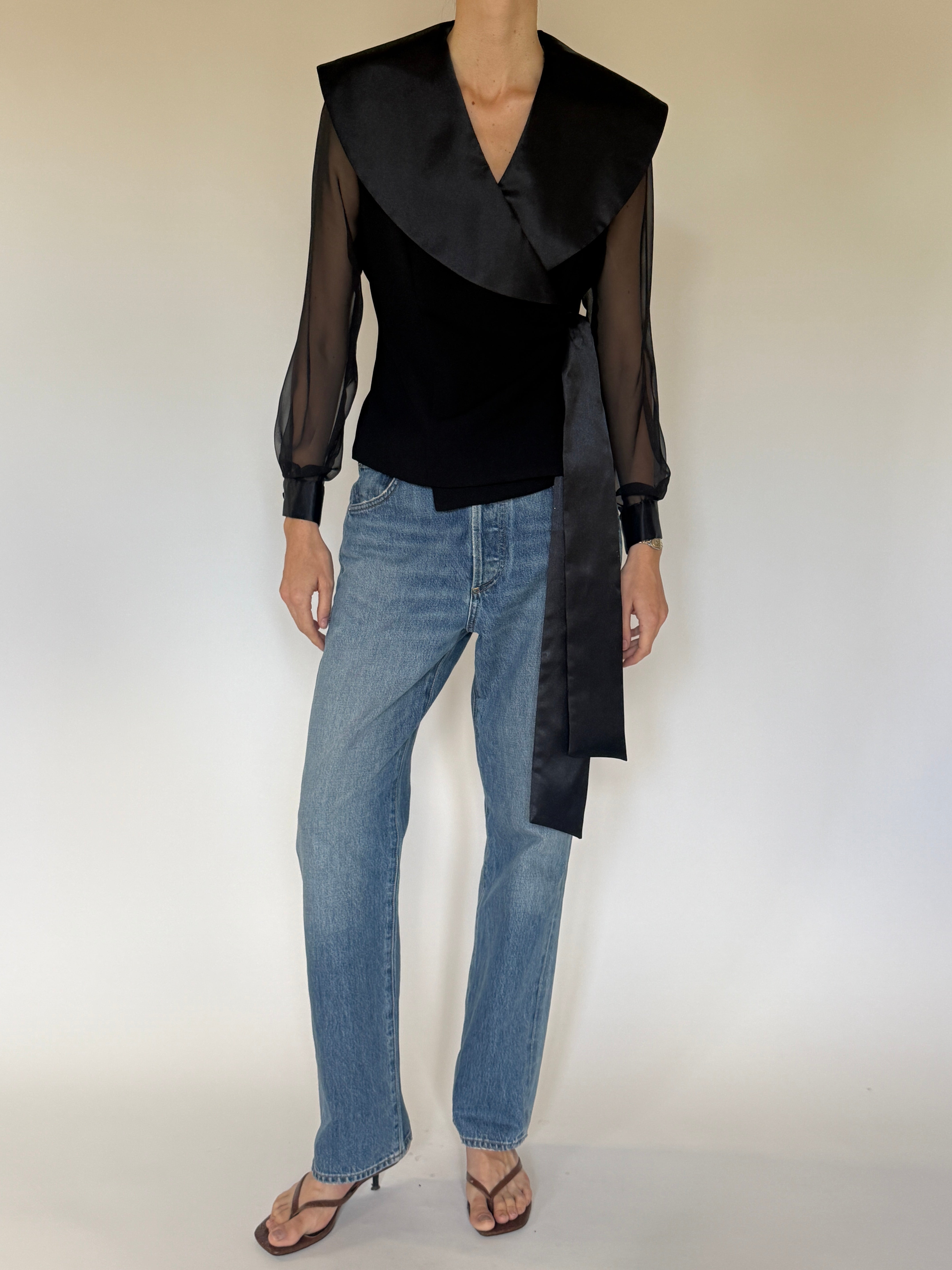Vintage black wrap blouse sheer sleeve fabric detail