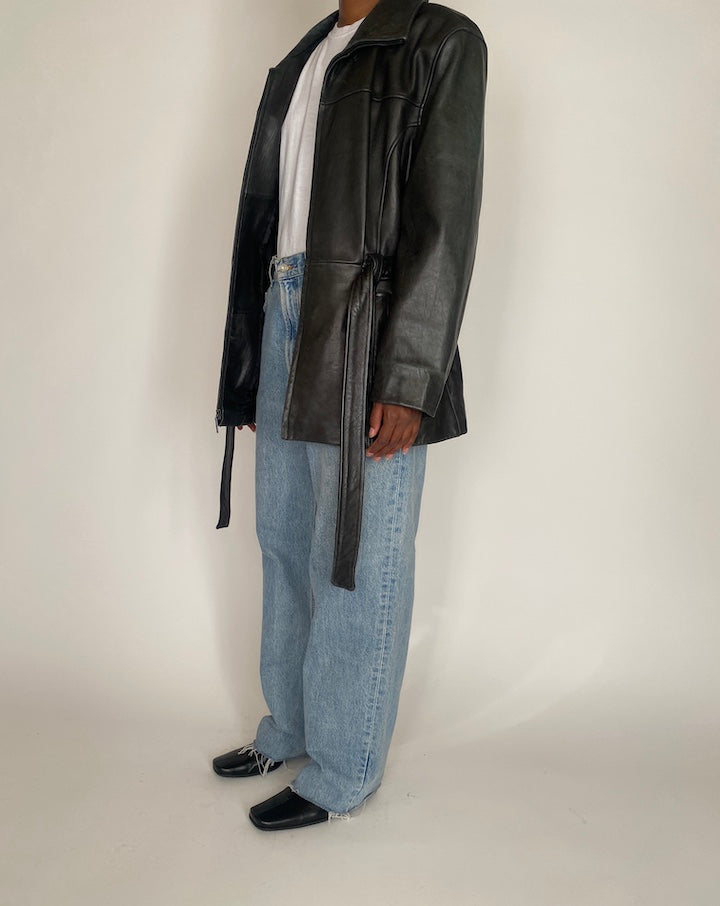 VINTAGE BLACK SHORT TRENCH LEATHER JACKET 4050