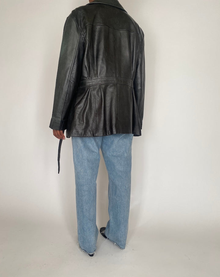 VINTAGE BLACK SHORT TRENCH LEATHER JACKET 4050