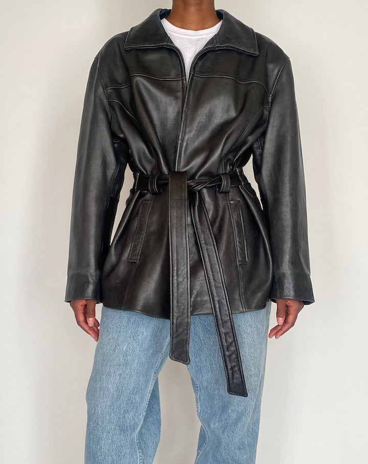 VINTAGE BLACK SHORT TRENCH LEATHER JACKET 4050