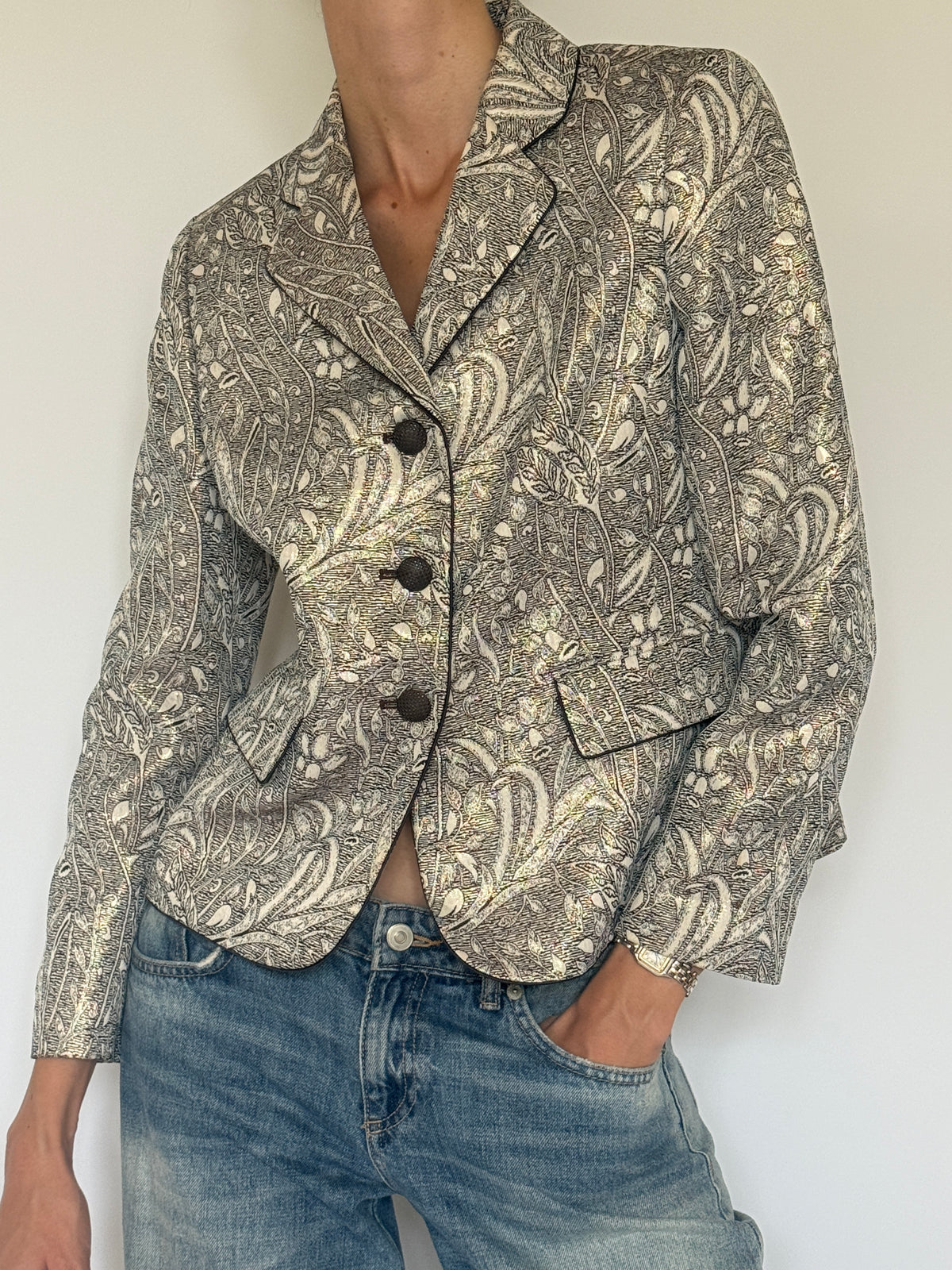Vintage ivory and brown jacquard blazer front view
