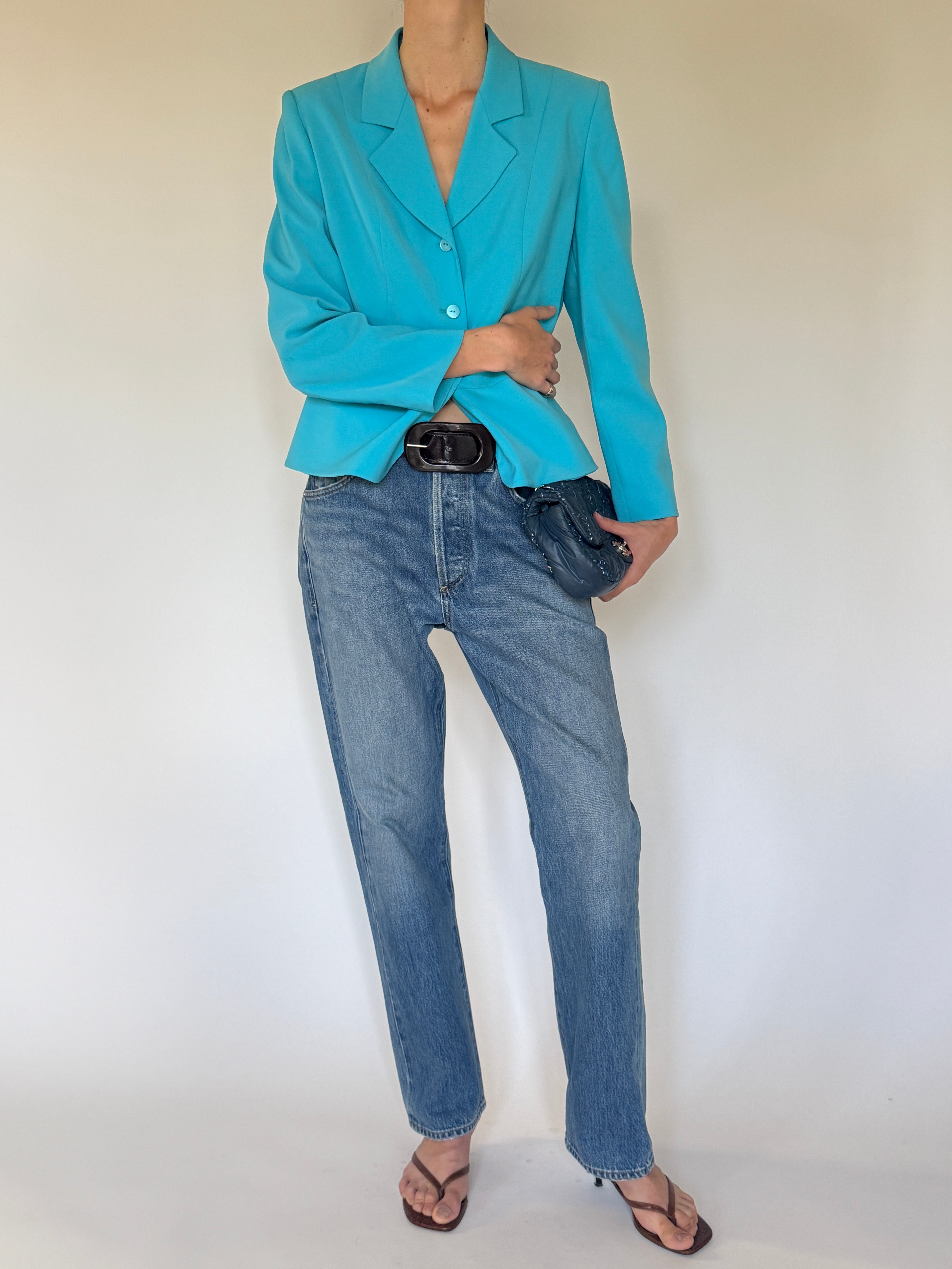 Vintage tailored two-button blazer front view turquoise