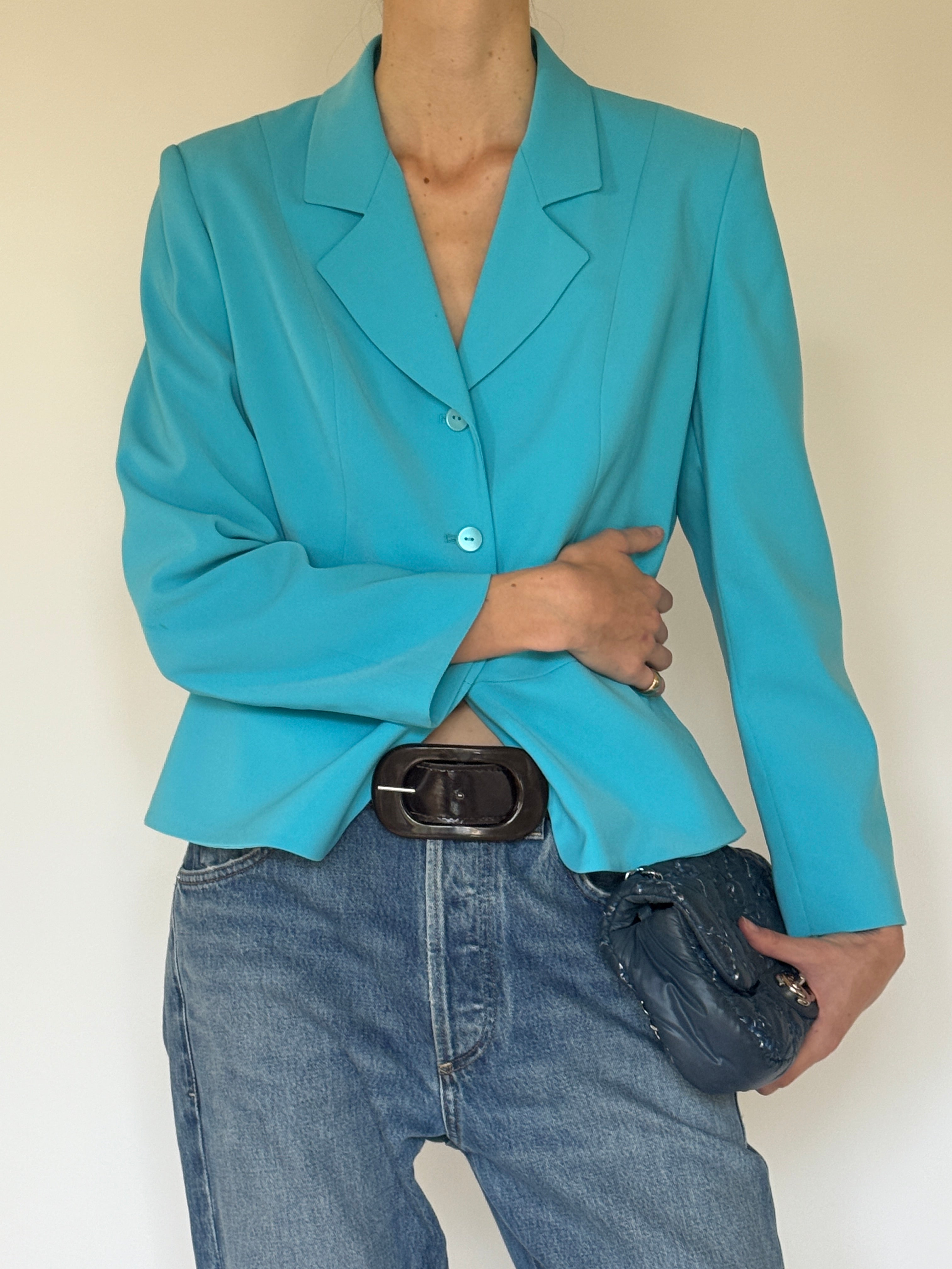 Vintage tailored two-button blazer front view turquoise