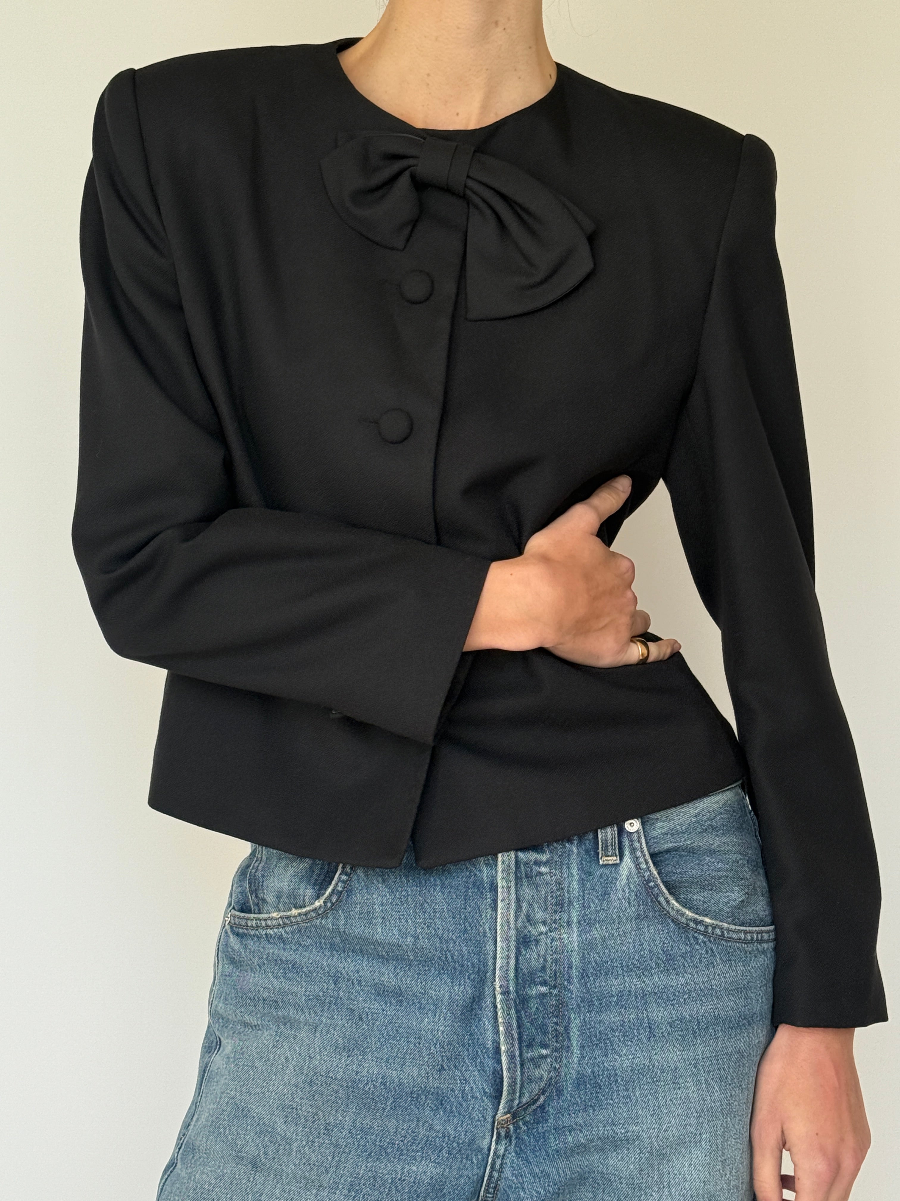 Vintage Bow Detail Blazer Black 7020